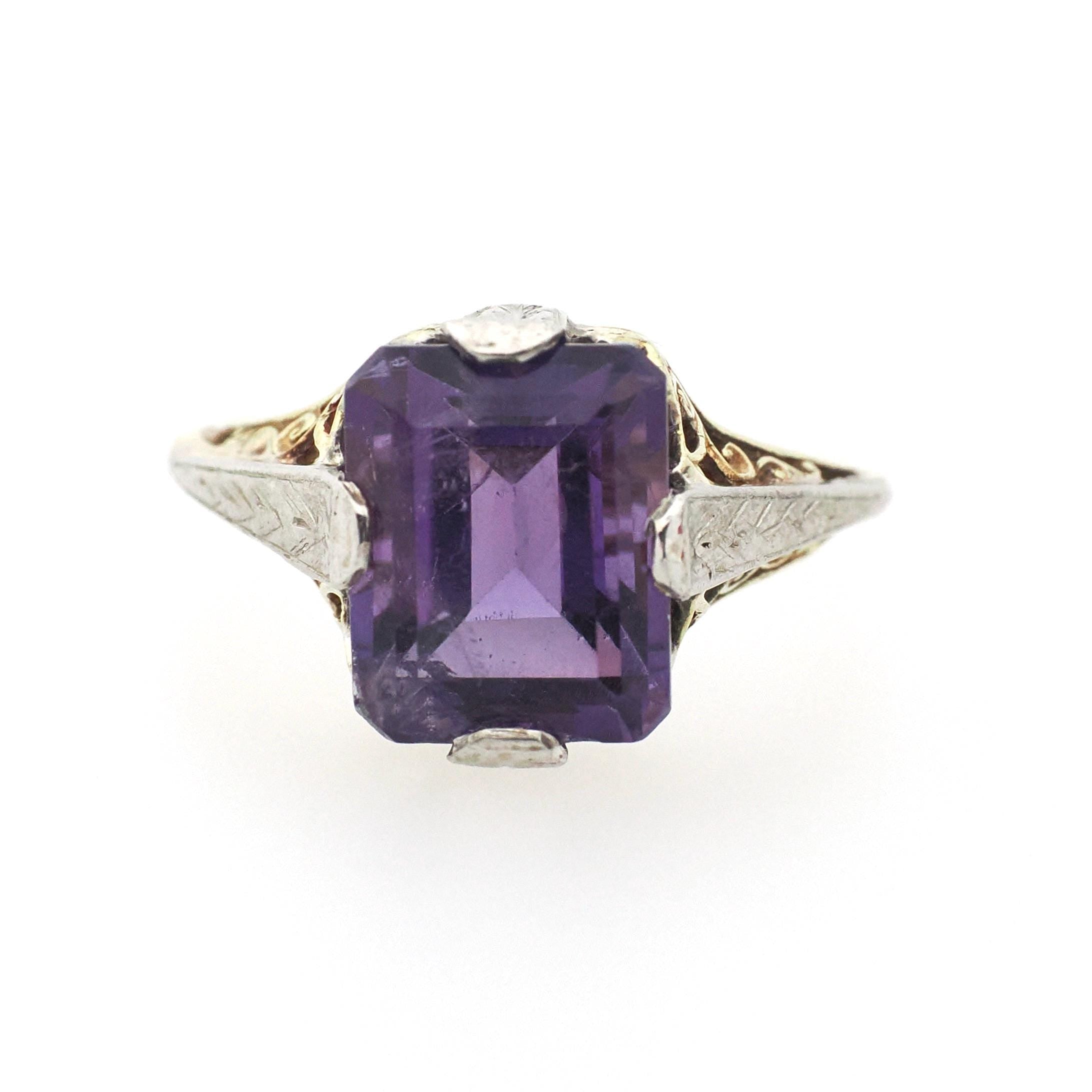 Vintage Amethyst Ring - Art Deco 14k Yellow & White Gold Filigree Emerald Cut Purple Gem - Circa 1930s Era Size 6 1/2 Floral Fine Jewelry