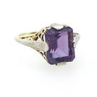 Vintage Amethyst Ring - Art Deco 14k Yellow & White Gold Filigree Emerald Cut Purple Gem - Circa 1930s Era Size 6 1/2 Floral Fine Jewelry