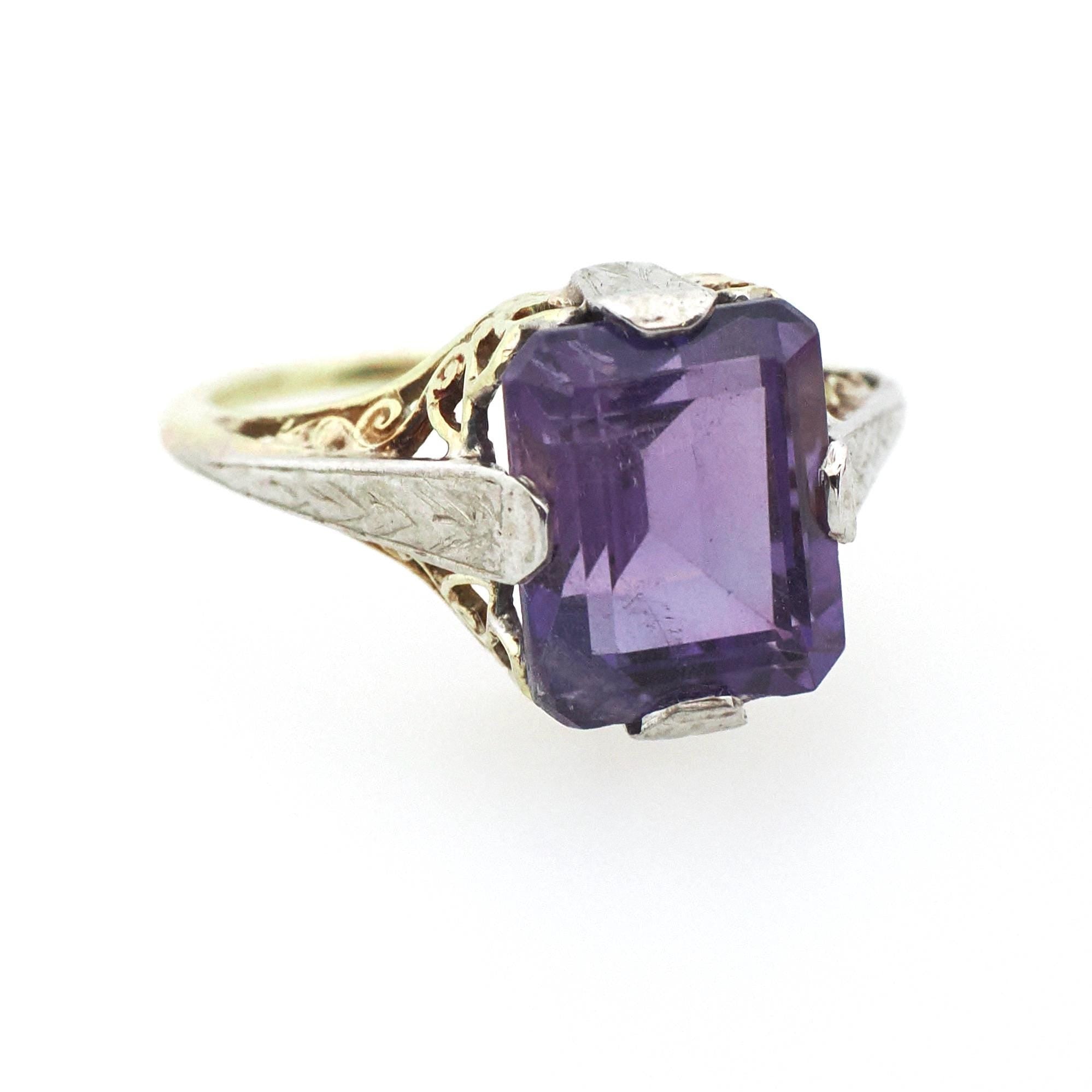 Vintage Amethyst Ring - Art Deco 14k Yellow & White Gold Filigree Emerald Cut Purple Gem - Circa 1930s Era Size 6 1/2 Floral Fine Jewelry