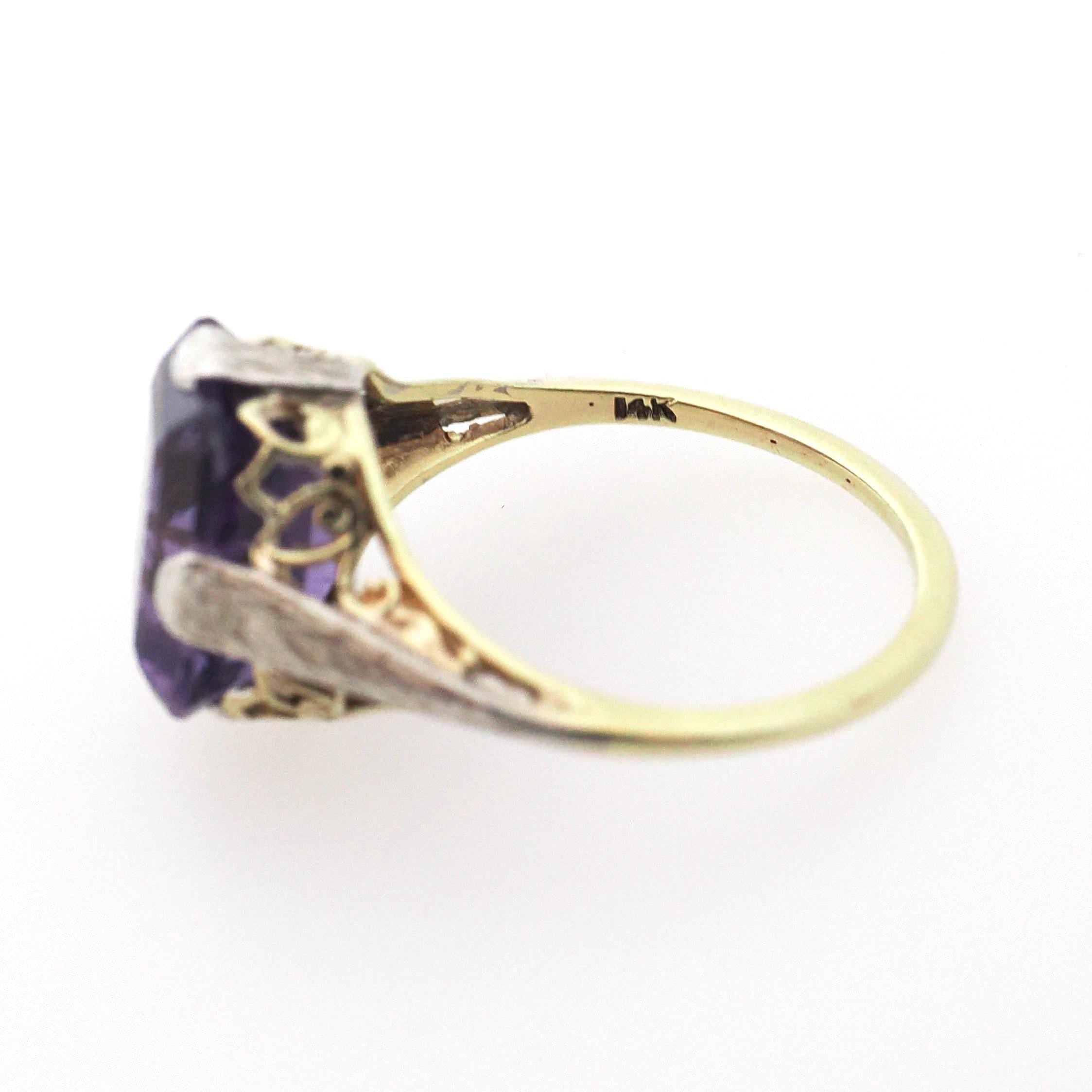 Vintage Amethyst Ring - Art Deco 14k Yellow & White Gold Filigree Emerald Cut Purple Gem - Circa 1930s Era Size 6 1/2 Floral Fine Jewelry
