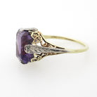 Vintage Amethyst Ring - Art Deco 14k Yellow & White Gold Filigree Emerald Cut Purple Gem - Circa 1930s Era Size 6 1/2 Floral Fine Jewelry