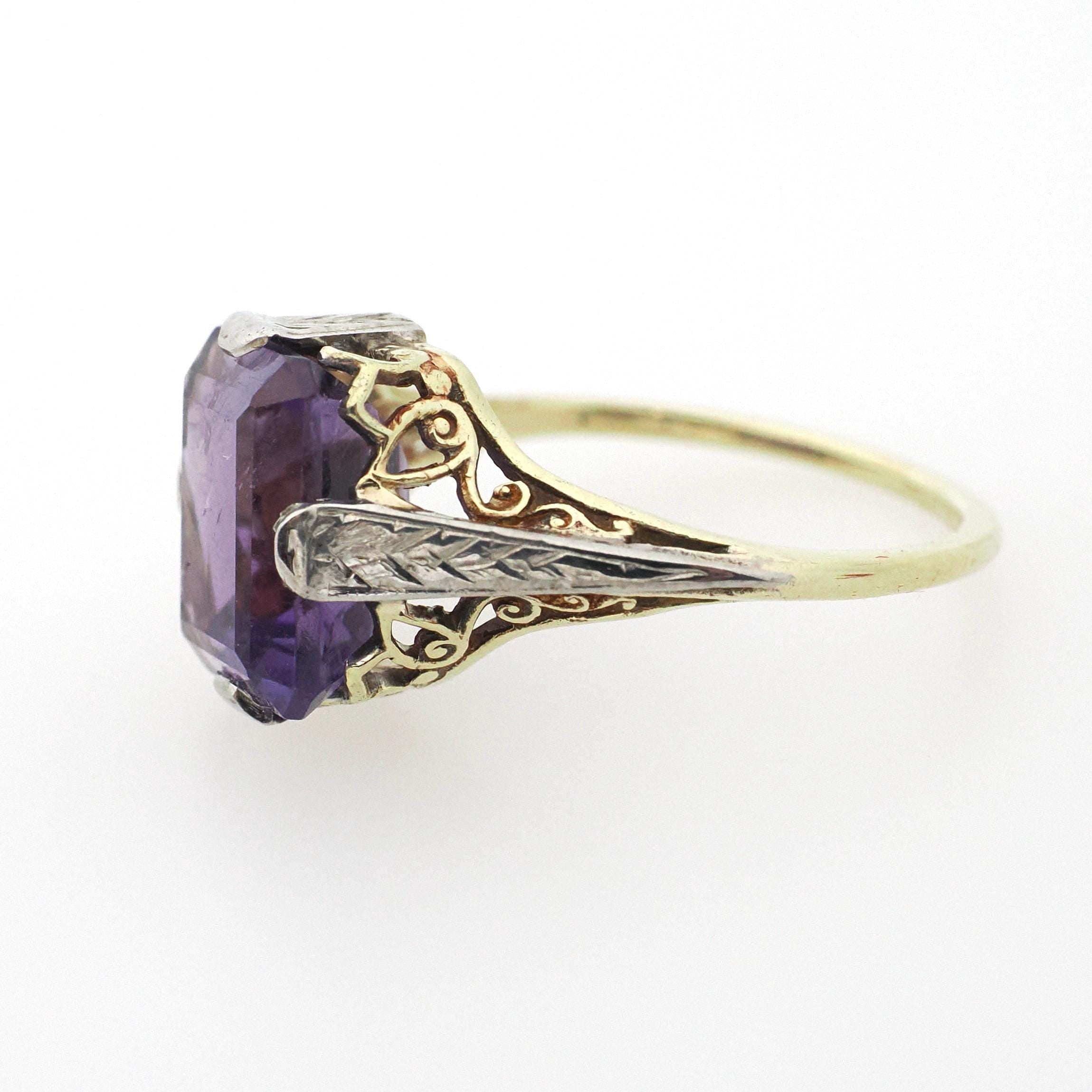 Vintage Amethyst Ring - Art Deco 14k Yellow & White Gold Filigree Emerald Cut Purple Gem - Circa 1930s Era Size 6 1/2 Floral Fine Jewelry