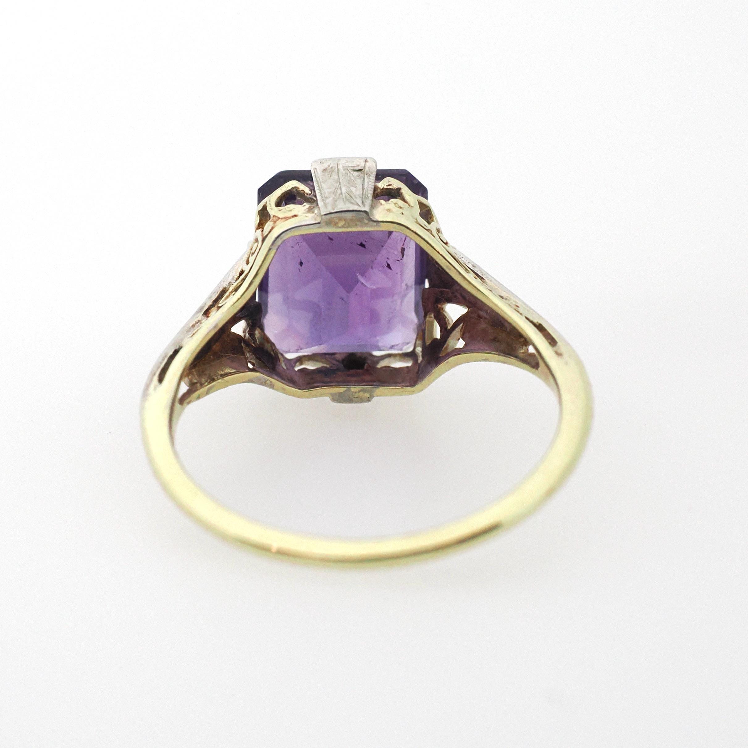 Vintage Amethyst Ring - Art Deco 14k Yellow & White Gold Filigree Emerald Cut Purple Gem - Circa 1930s Era Size 6 1/2 Floral Fine Jewelry