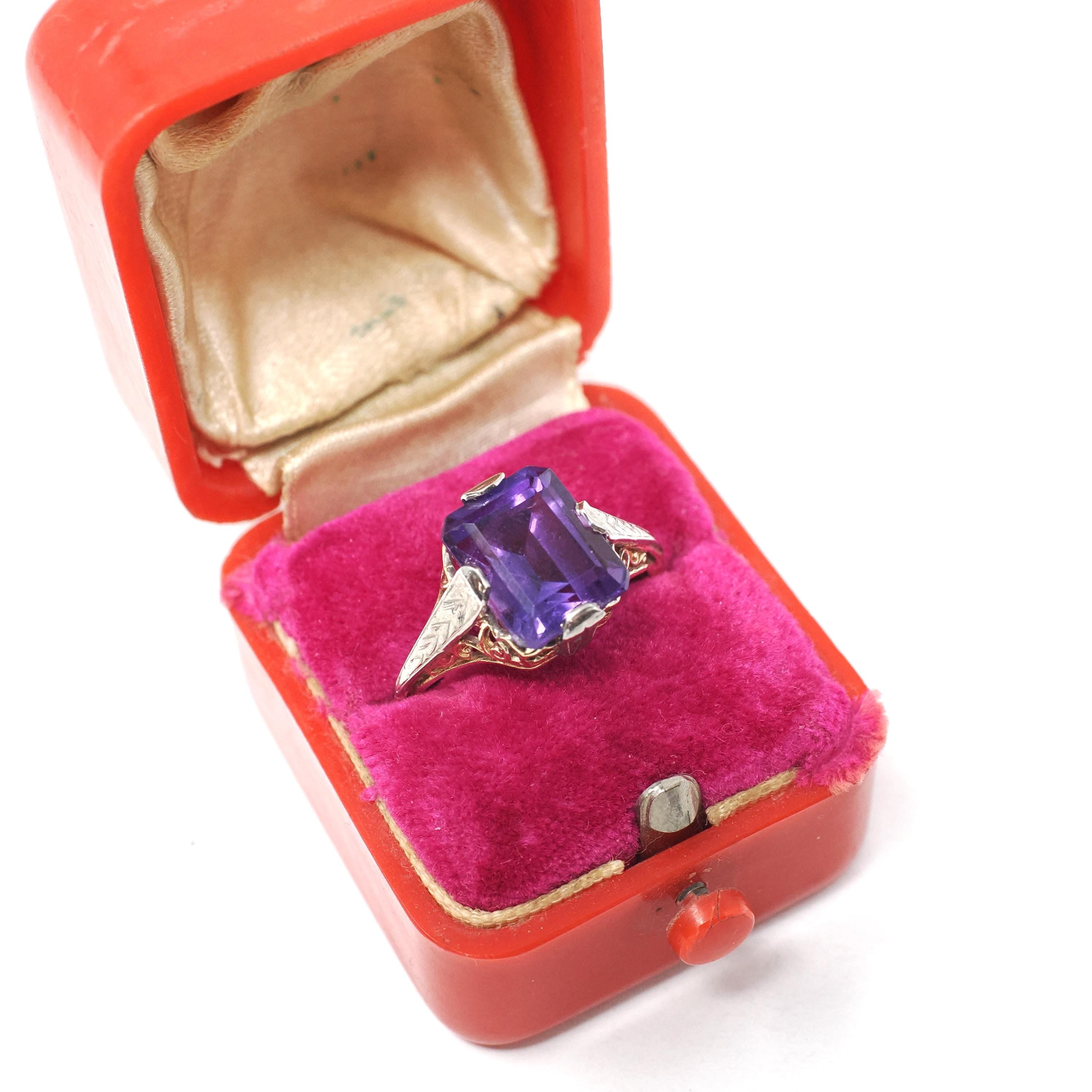 Vintage Amethyst Ring - Art Deco 14k Yellow & White Gold Filigree Emerald Cut Purple Gem - Circa 1930s Era Size 6 1/2 Floral Fine Jewelry