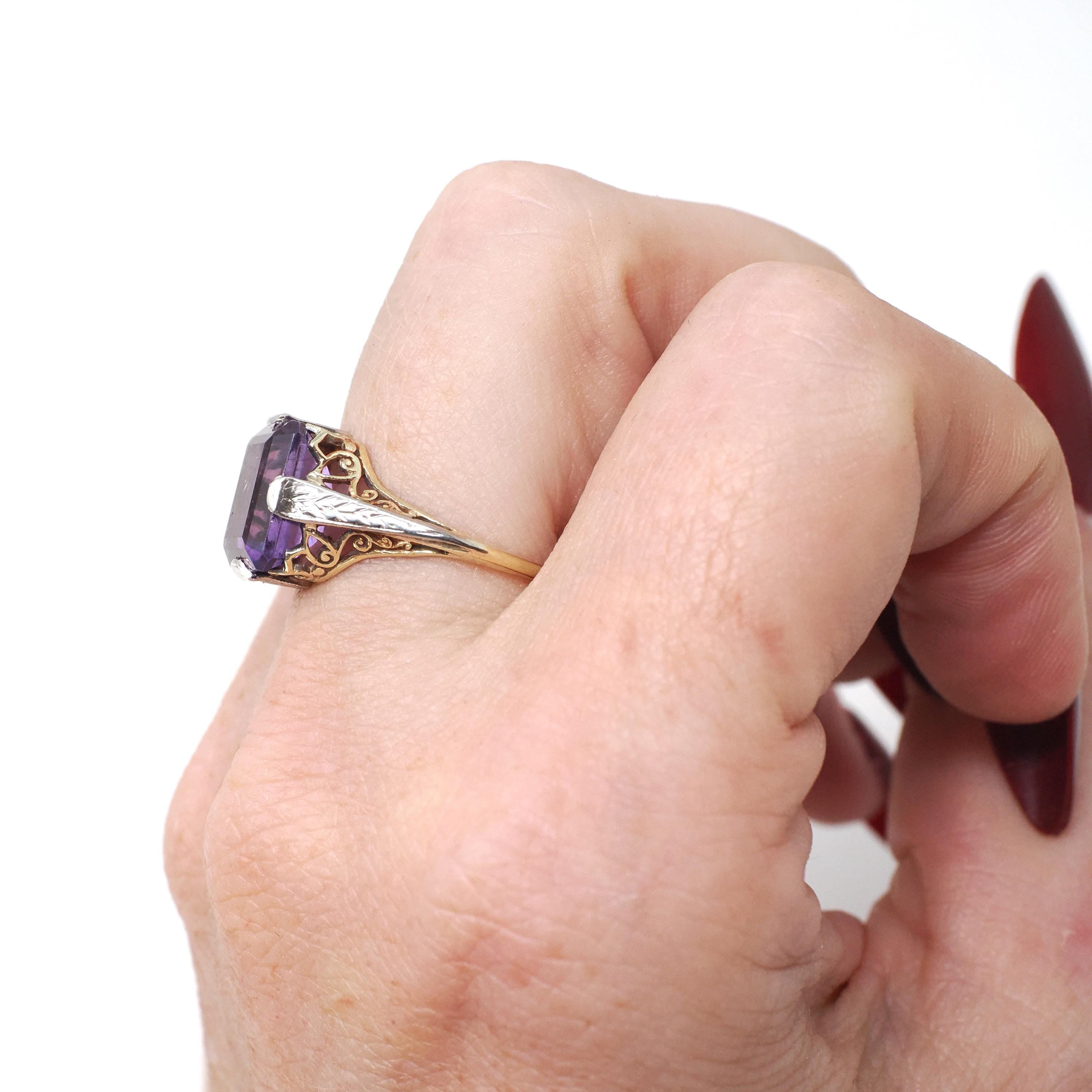 Vintage Amethyst Ring - Art Deco 14k Yellow & White Gold Filigree Emerald Cut Purple Gem - Circa 1930s Era Size 6 1/2 Floral Fine Jewelry