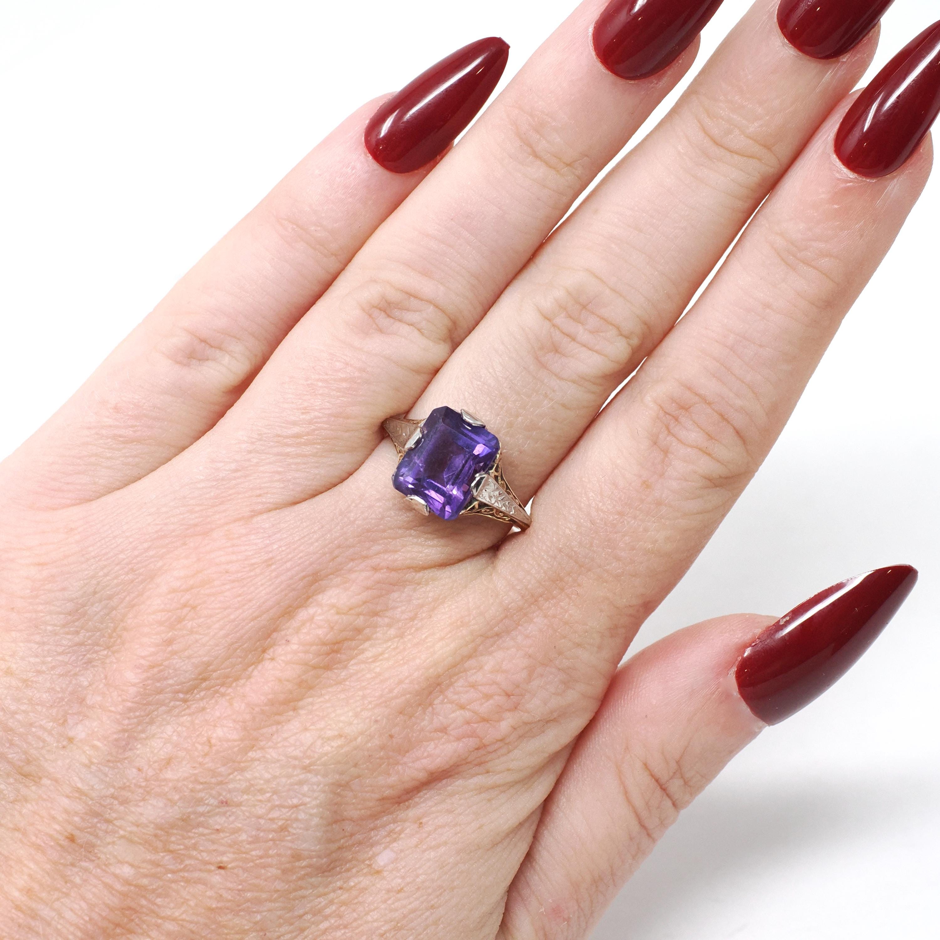 Vintage Amethyst Ring - Art Deco 14k Yellow & White Gold Filigree Emerald Cut Purple Gem - Circa 1930s Era Size 6 1/2 Floral Fine Jewelry