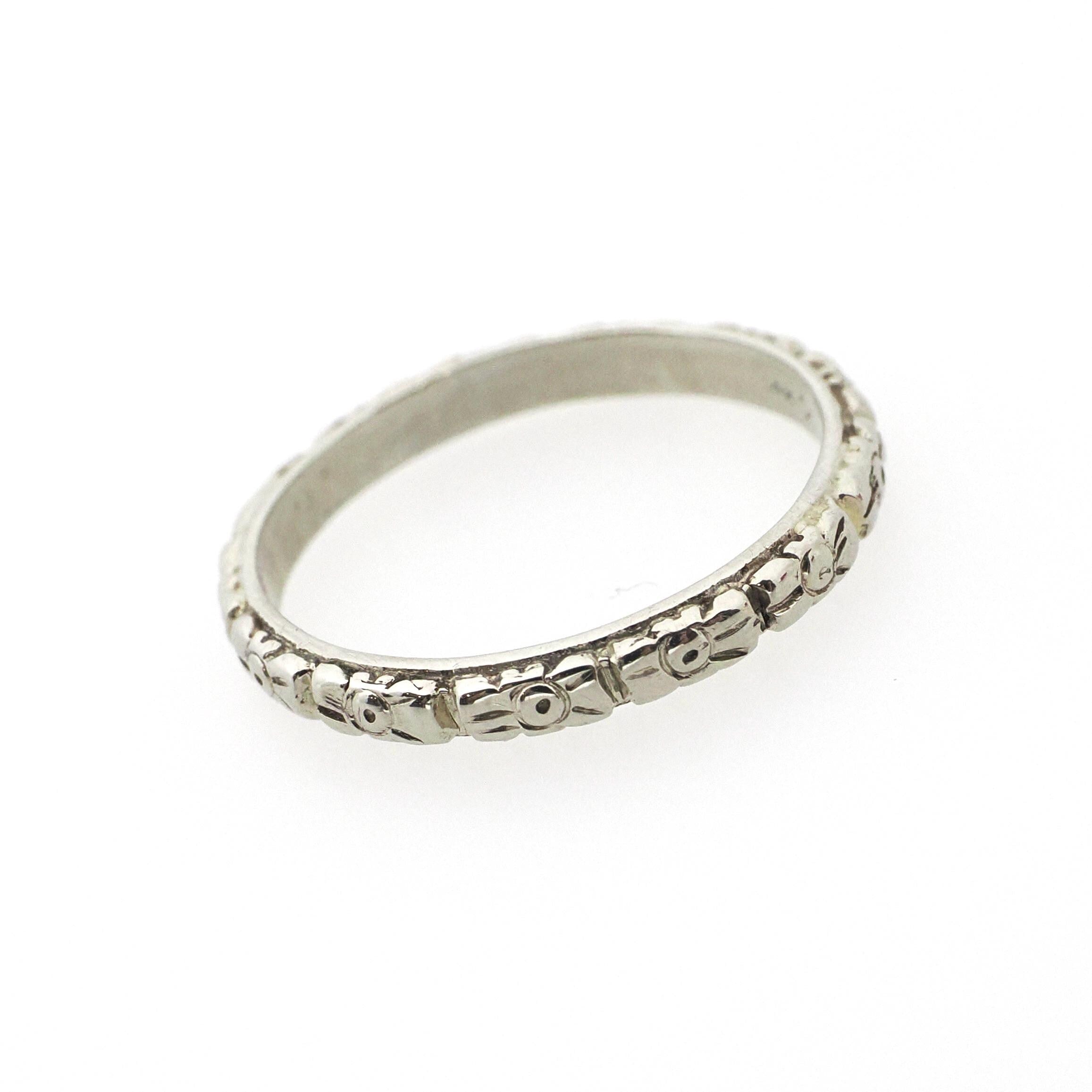Art Deco Wedding Band - Vintage 14k White Gold 2.5 MM Orange Blossom Engraved Design Ring - Circa 1920s Size 6 Bridal Fine Statement Jewelry