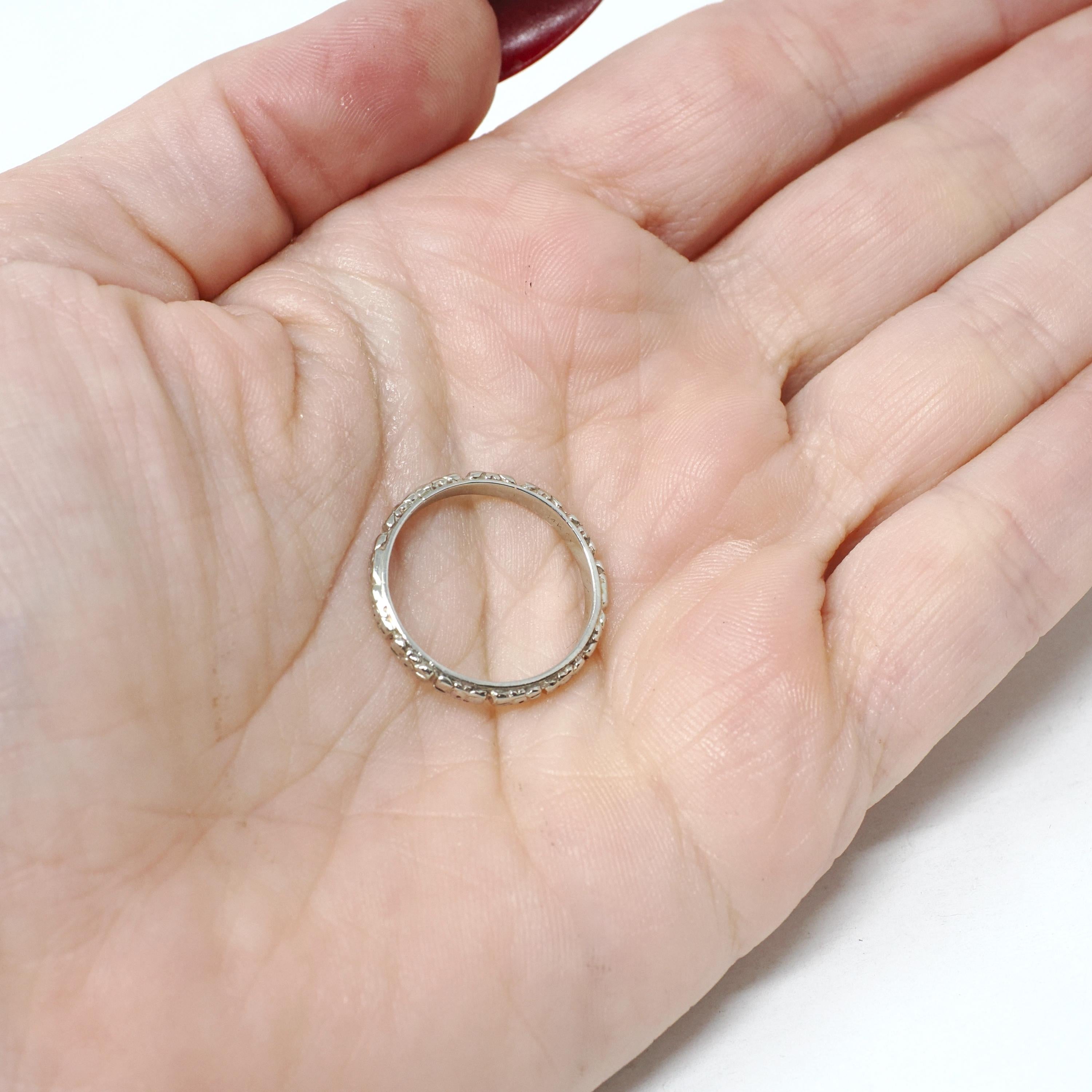 Art Deco Wedding Band - Vintage 14k White Gold 2.5 MM Orange Blossom Engraved Design Ring - Circa 1920s Size 6 Bridal Fine Statement Jewelry