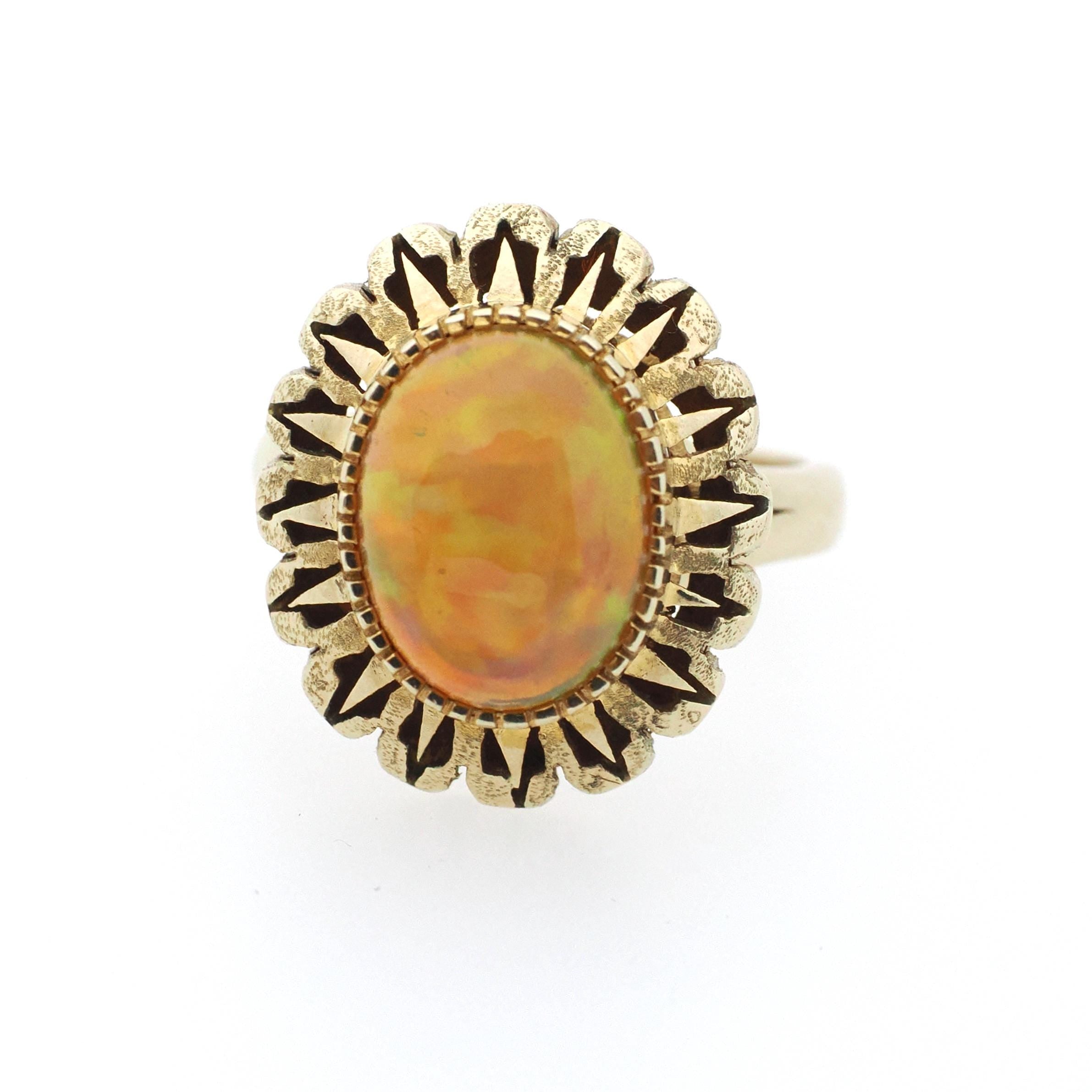 Jelly Fire Opal Ring - Contemporary 14k Yellow Gold Natural Cabochon Gemstone - Circa 1990s Era Size 5 1/2 October Birthstone Fine Jewelry