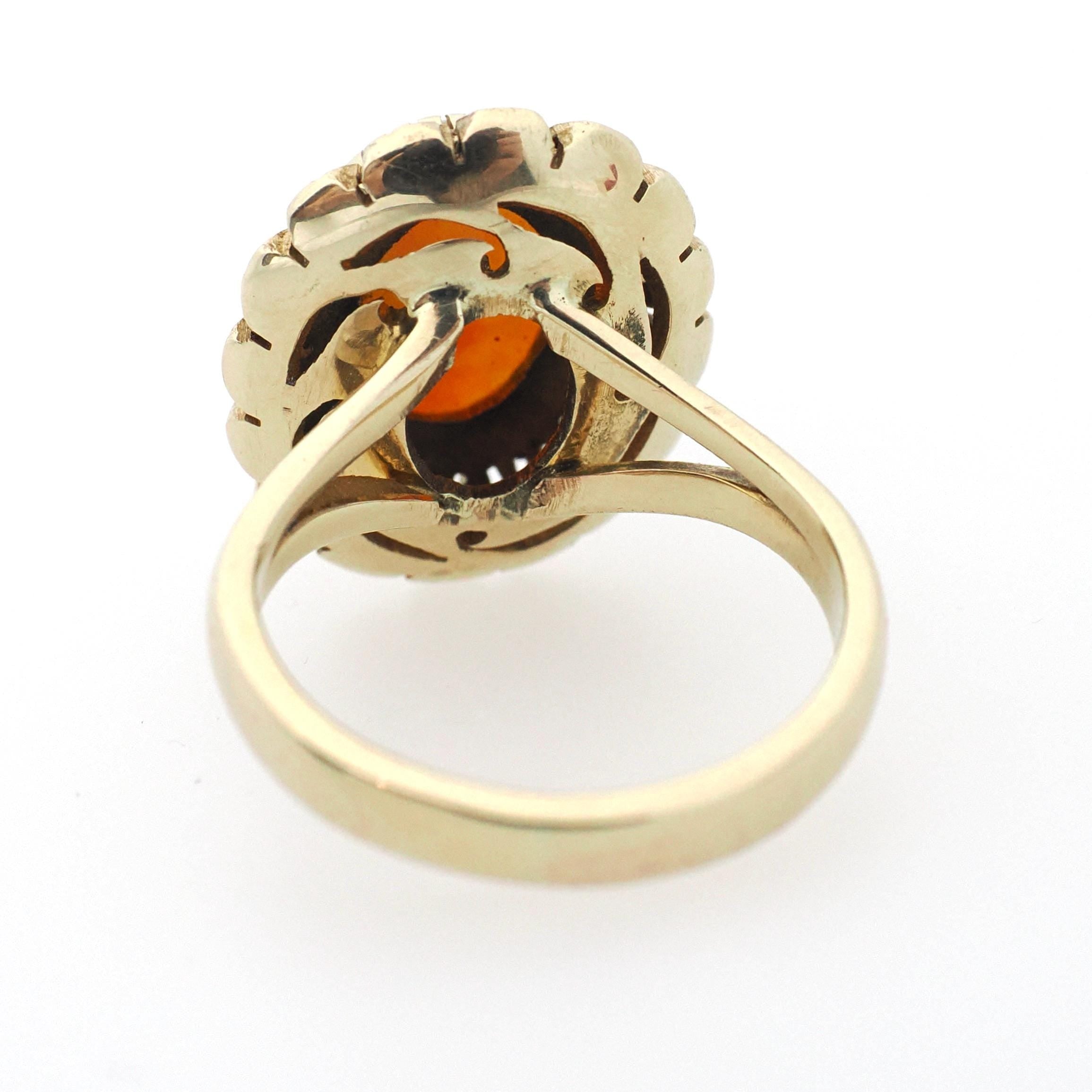 Jelly Fire Opal Ring - Contemporary 14k Yellow Gold Natural Cabochon Gemstone - Circa 1990s Era Size 5 1/2 October Birthstone Fine Jewelry