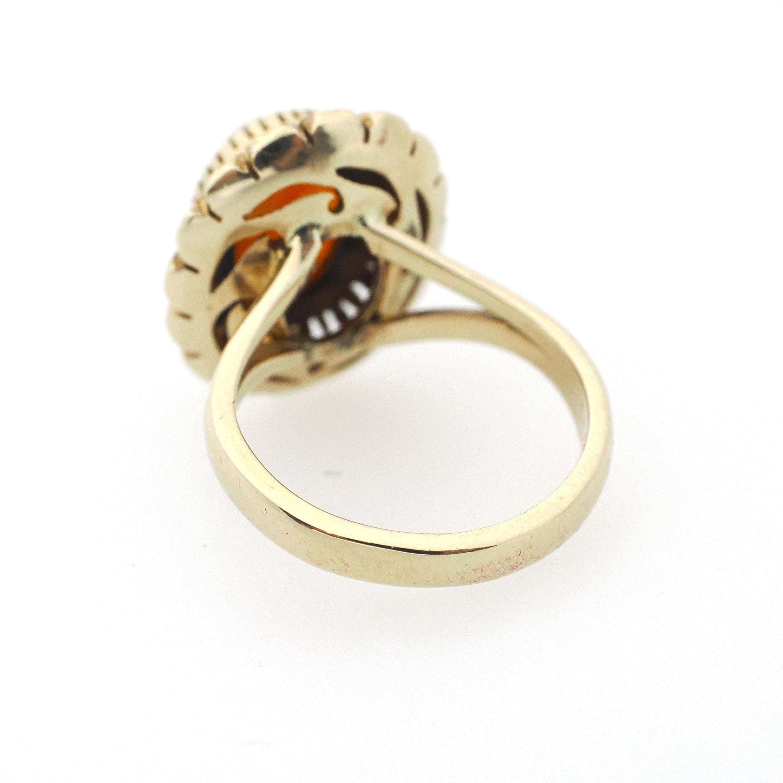 Jelly Fire Opal Ring - Contemporary 14k Yellow Gold Natural Cabochon Gemstone - Circa 1990s Era Size 5 1/2 October Birthstone Fine Jewelry