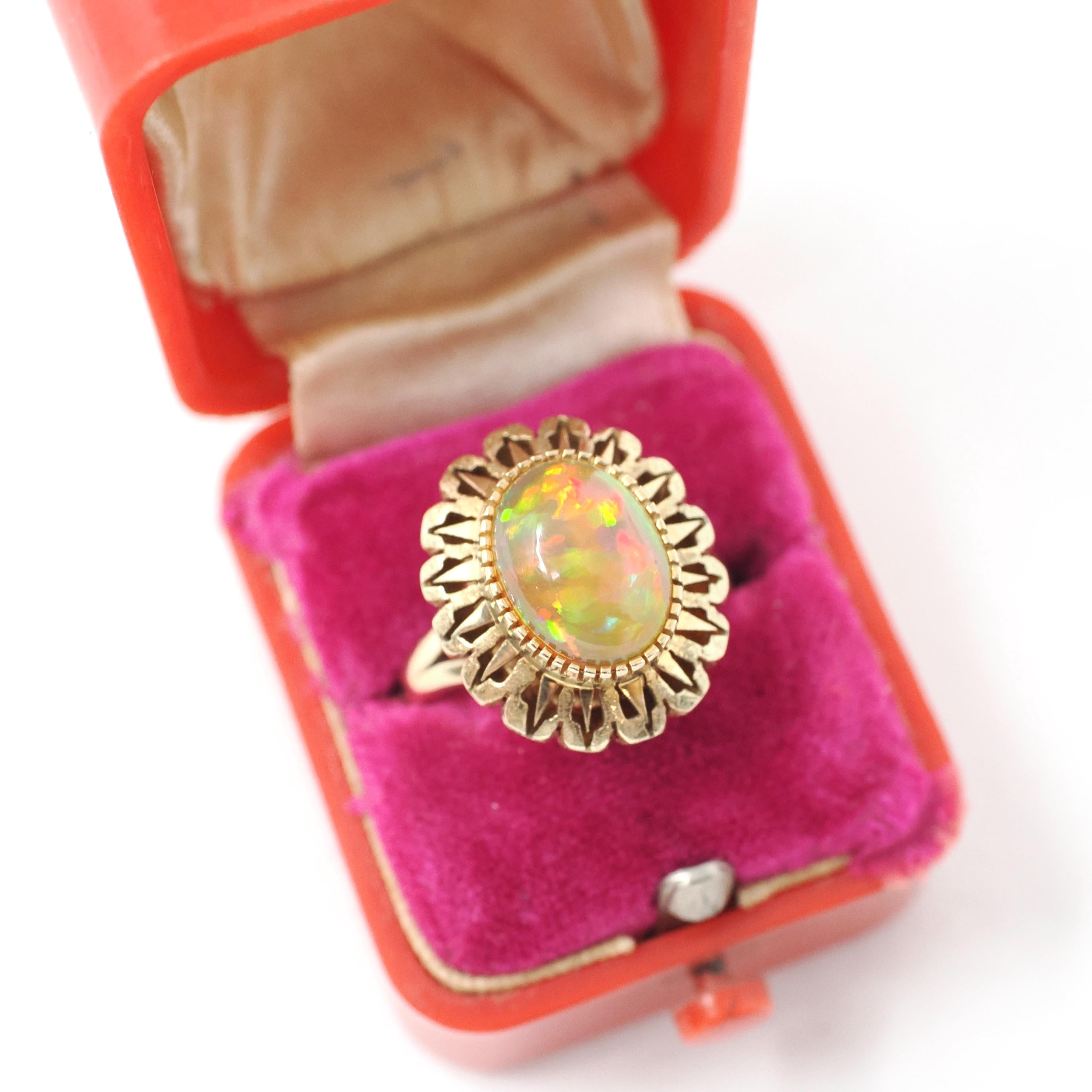 Jelly Fire Opal Ring - Contemporary 14k Yellow Gold Natural Cabochon Gemstone - Circa 1990s Era Size 5 1/2 October Birthstone Fine Jewelry