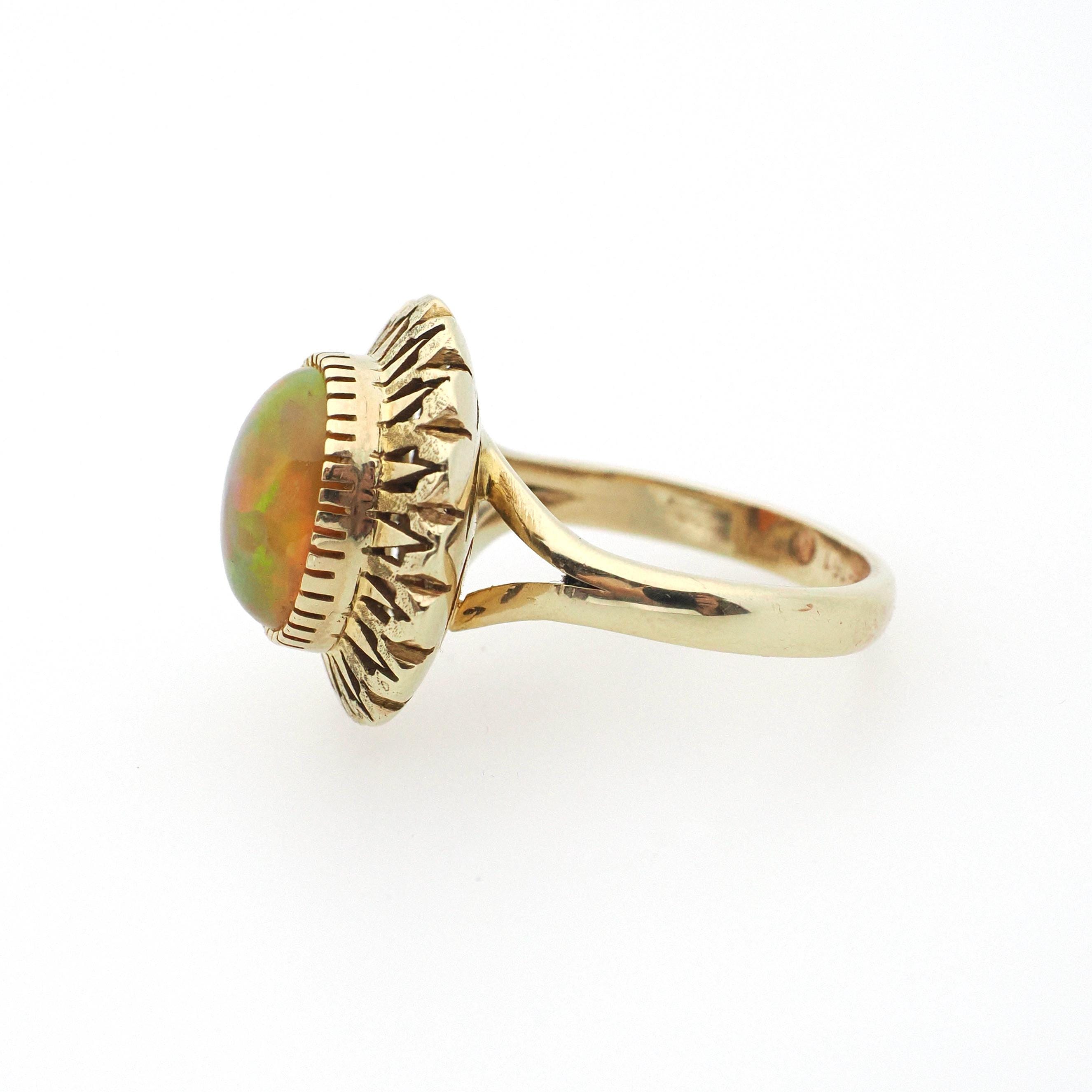 Jelly Fire Opal Ring - Contemporary 14k Yellow Gold Natural Cabochon Gemstone - Circa 1990s Era Size 5 1/2 October Birthstone Fine Jewelry