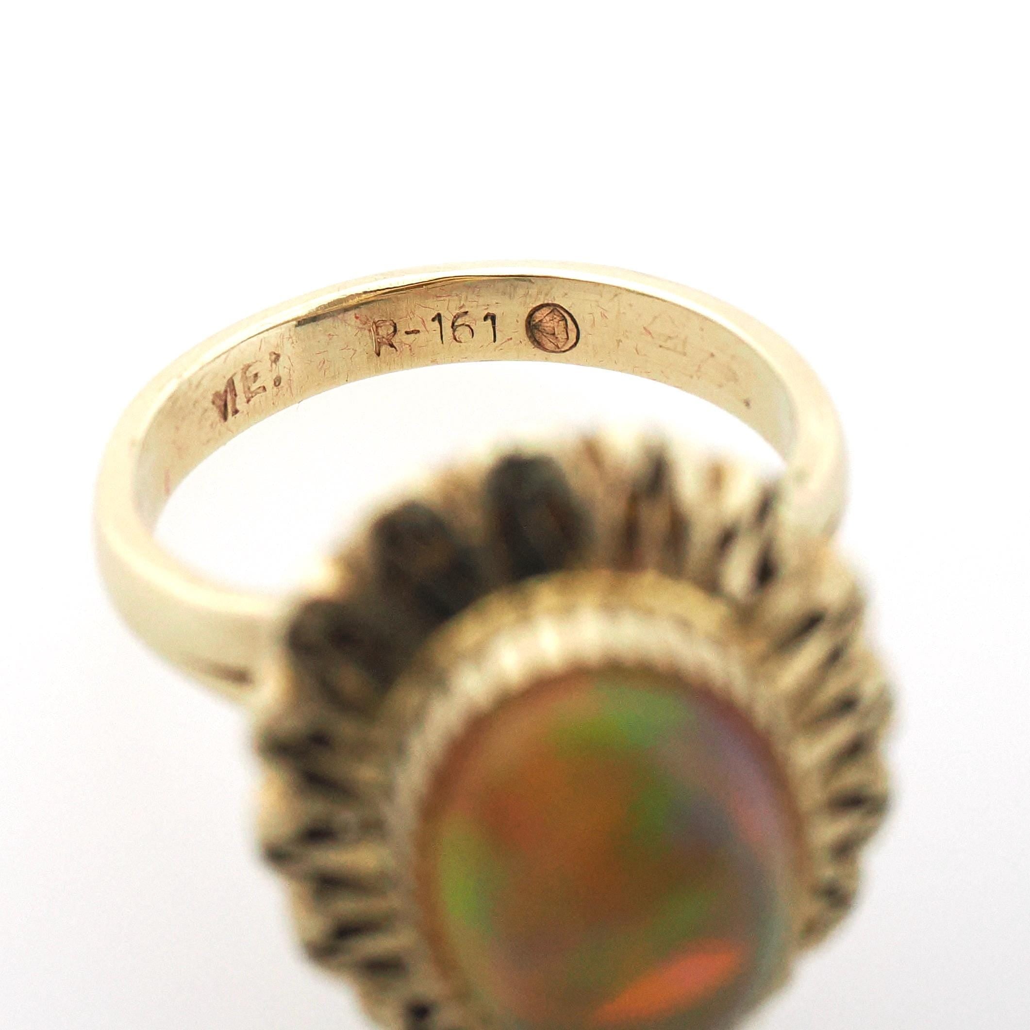 Jelly Fire Opal Ring - Contemporary 14k Yellow Gold Natural Cabochon Gemstone - Circa 1990s Era Size 5 1/2 October Birthstone Fine Jewelry