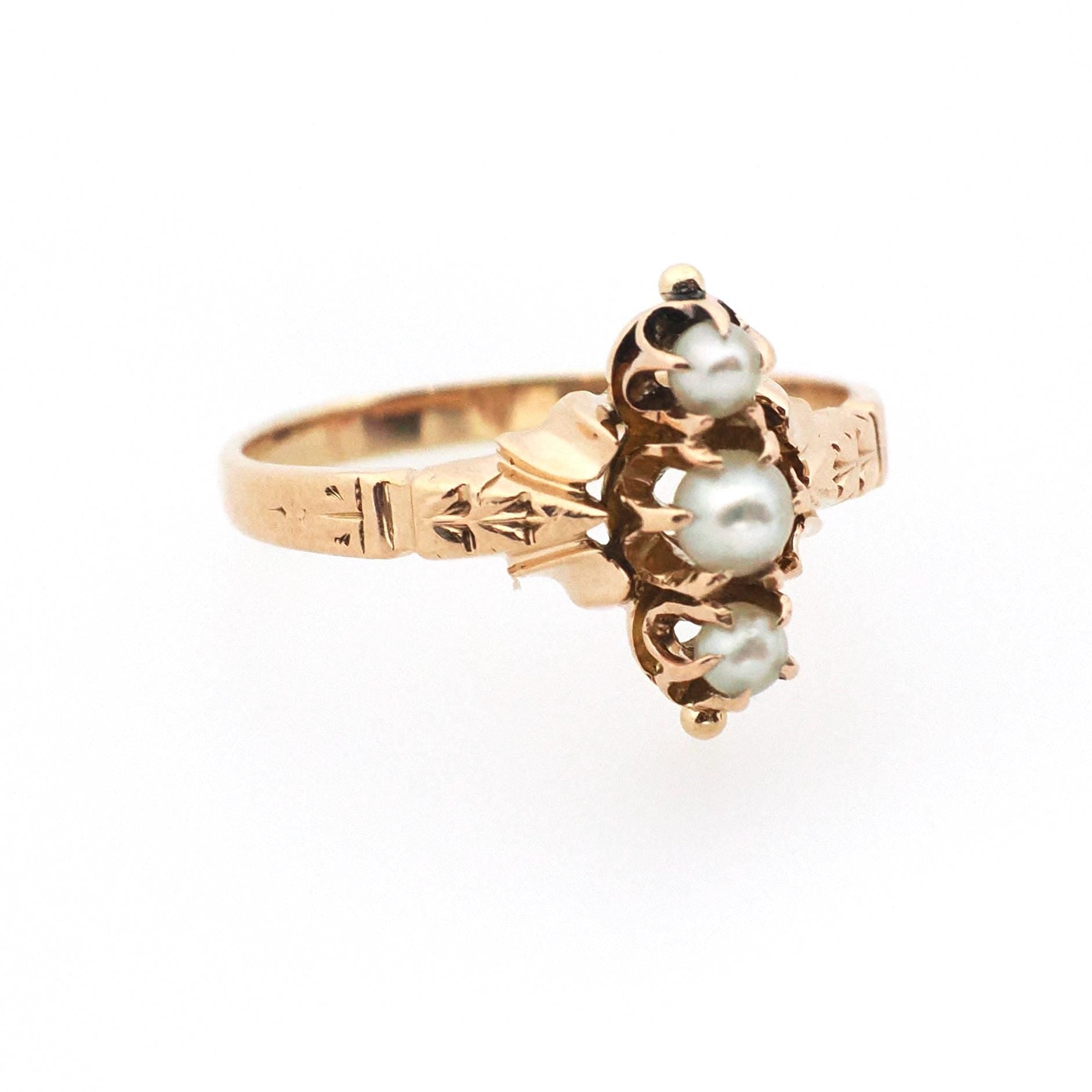 Antique Pearl Ring - Victorian 14k Rose Gold Three Gemstone Dainty Navette - Circa 1890s Era Size 5.25 Engraved June Birthstone Fine Jewelry