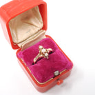 Antique Pearl Ring - Victorian 14k Rose Gold Three Gemstone Dainty Navette - Circa 1890s Era Size 5.25 Engraved June Birthstone Fine Jewelry