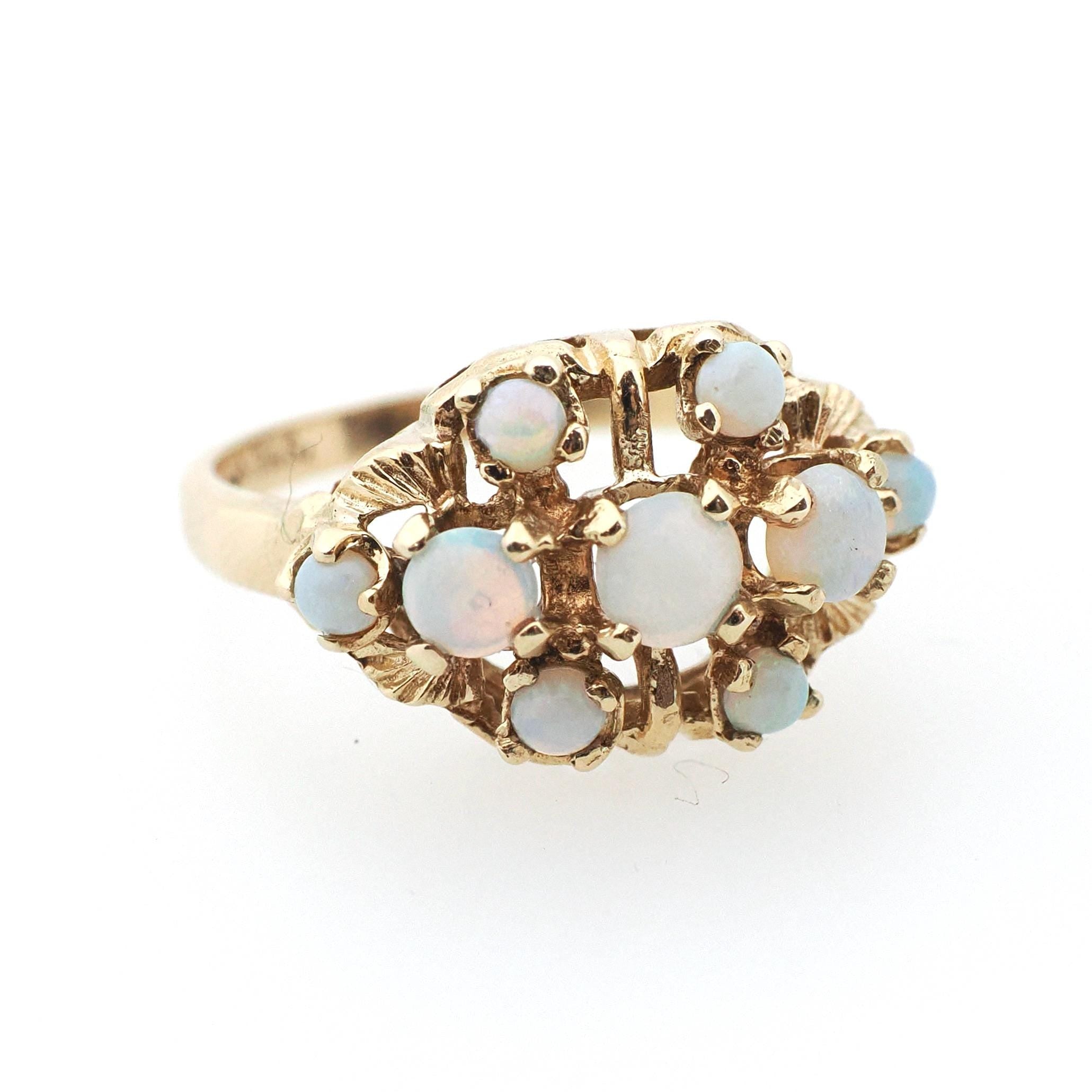 Vintage Opal Ring - Mid Century 10k Yellow Gold Natural Cabochon Cut Gemstone Cluster - Circa 1960s Size 6 October Birthstone Fine Jewelry