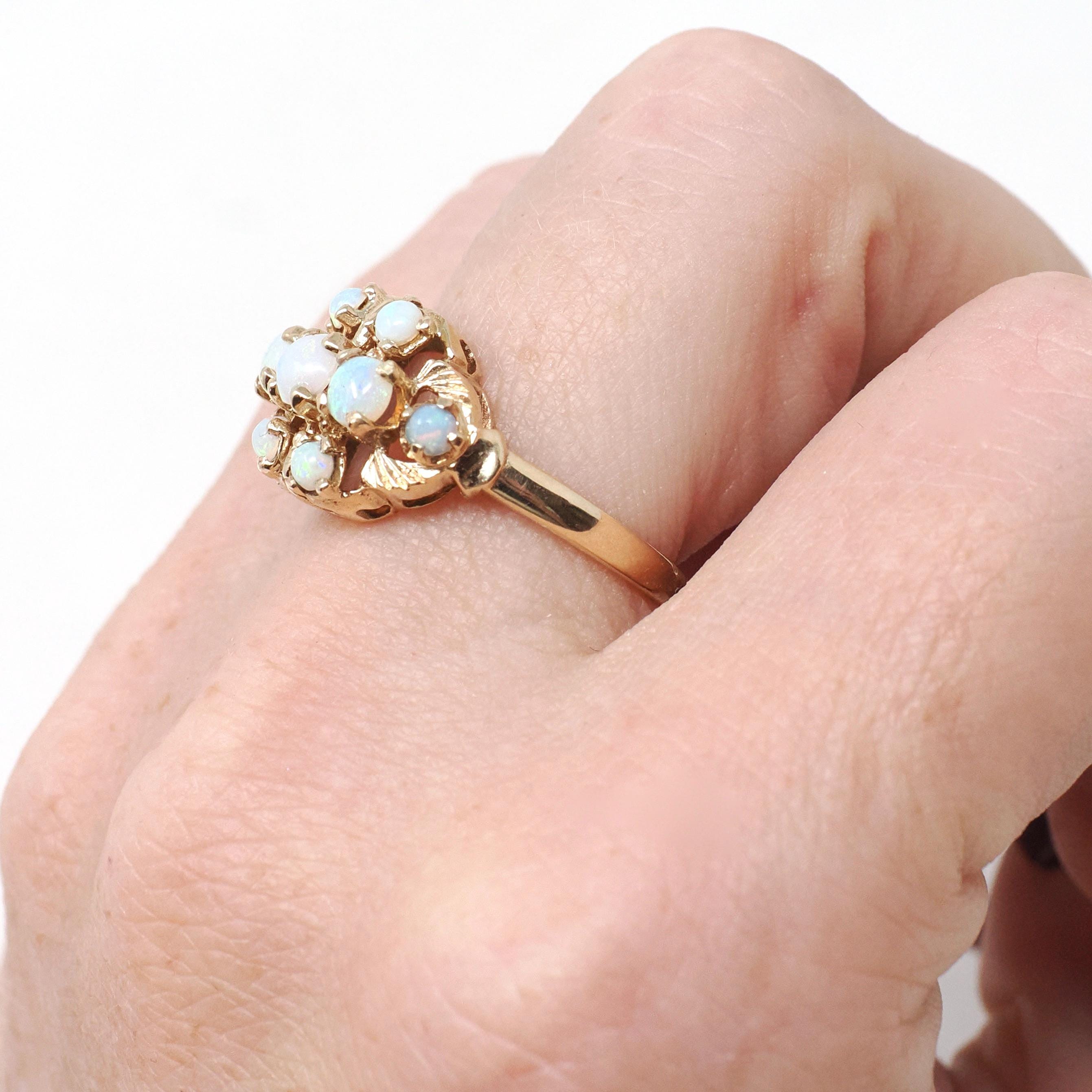 Vintage Opal Ring - Mid Century 10k Yellow Gold Natural Cabochon Cut Gemstone Cluster - Circa 1960s Size 6 October Birthstone Fine Jewelry