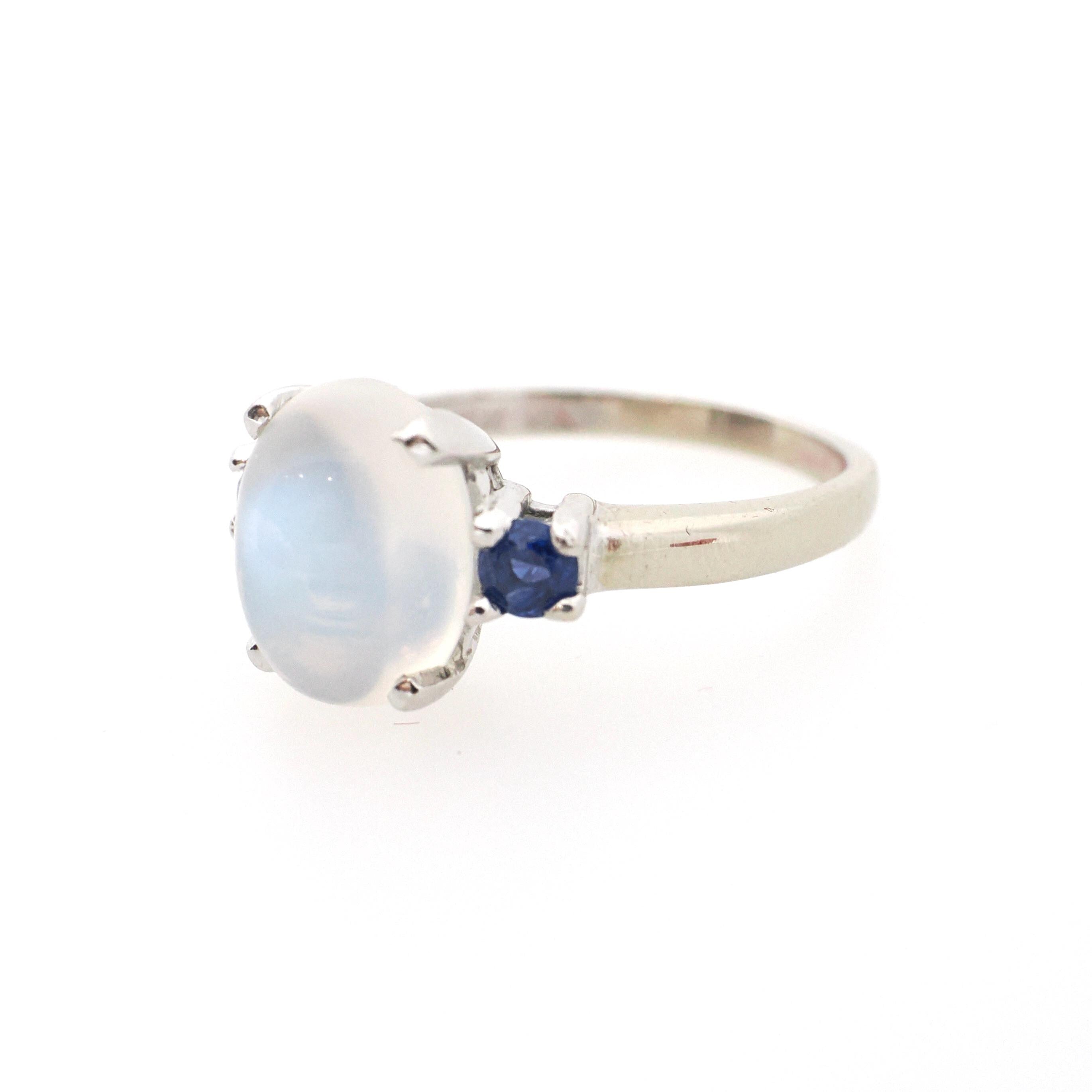 Vintage Moonstone & Sapphire Ring - Mid Century 14k White Gold Natural Cabochon Cut Gemstone - Circa 1950s Size 5.5 Fine Statement Jewelry