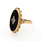 Vintage Onyx Ring - Retro 14k Yellow Gold Oval Black Chalcedony Gemstone - Circa 1960s Era Size 5 3/4 Natural .008 CT Diamond Fine Jewelry