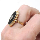 Vintage Onyx Ring - Retro 14k Yellow Gold Oval Black Chalcedony Gemstone - Circa 1960s Era Size 5 3/4 Natural .008 CT Diamond Fine Jewelry