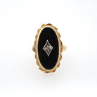 Vintage Onyx Ring - Retro 14k Yellow Gold Oval Black Chalcedony Gemstone - Circa 1960s Era Size 5 3/4 Natural .008 CT Diamond Fine Jewelry