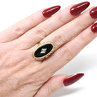 Vintage Onyx Ring - Retro 14k Yellow Gold Oval Black Chalcedony Gemstone - Circa 1960s Era Size 5 3/4 Natural .008 CT Diamond Fine Jewelry