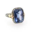 Created Blue Sapphire Ring - Art Deco 14k White Yellow Rose Gold Filigree - Circa 1930s Size 6 1/2 Floral Fine September Birthstone Jewelry