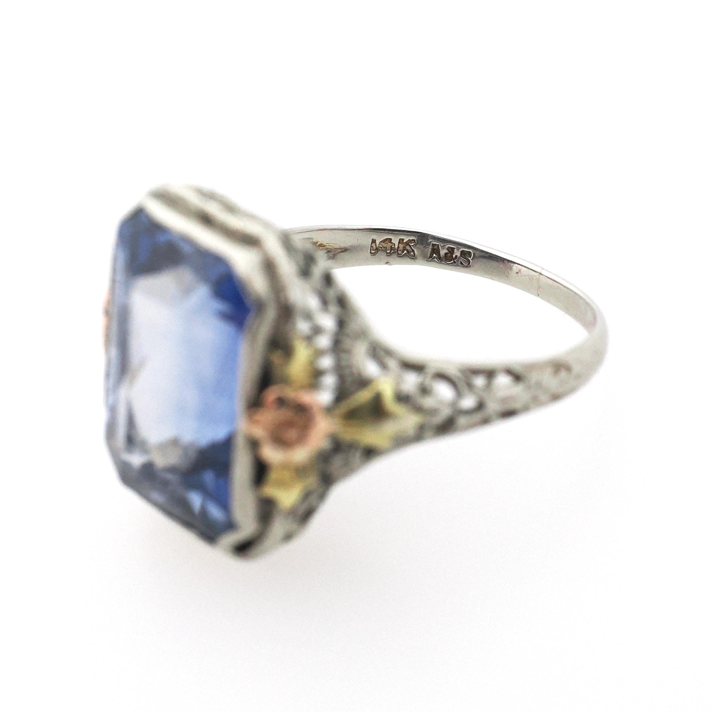 Created Blue Sapphire Ring - Art Deco 14k White Yellow Rose Gold Filigree - Circa 1930s Size 6 1/2 Floral Fine September Birthstone Jewelry