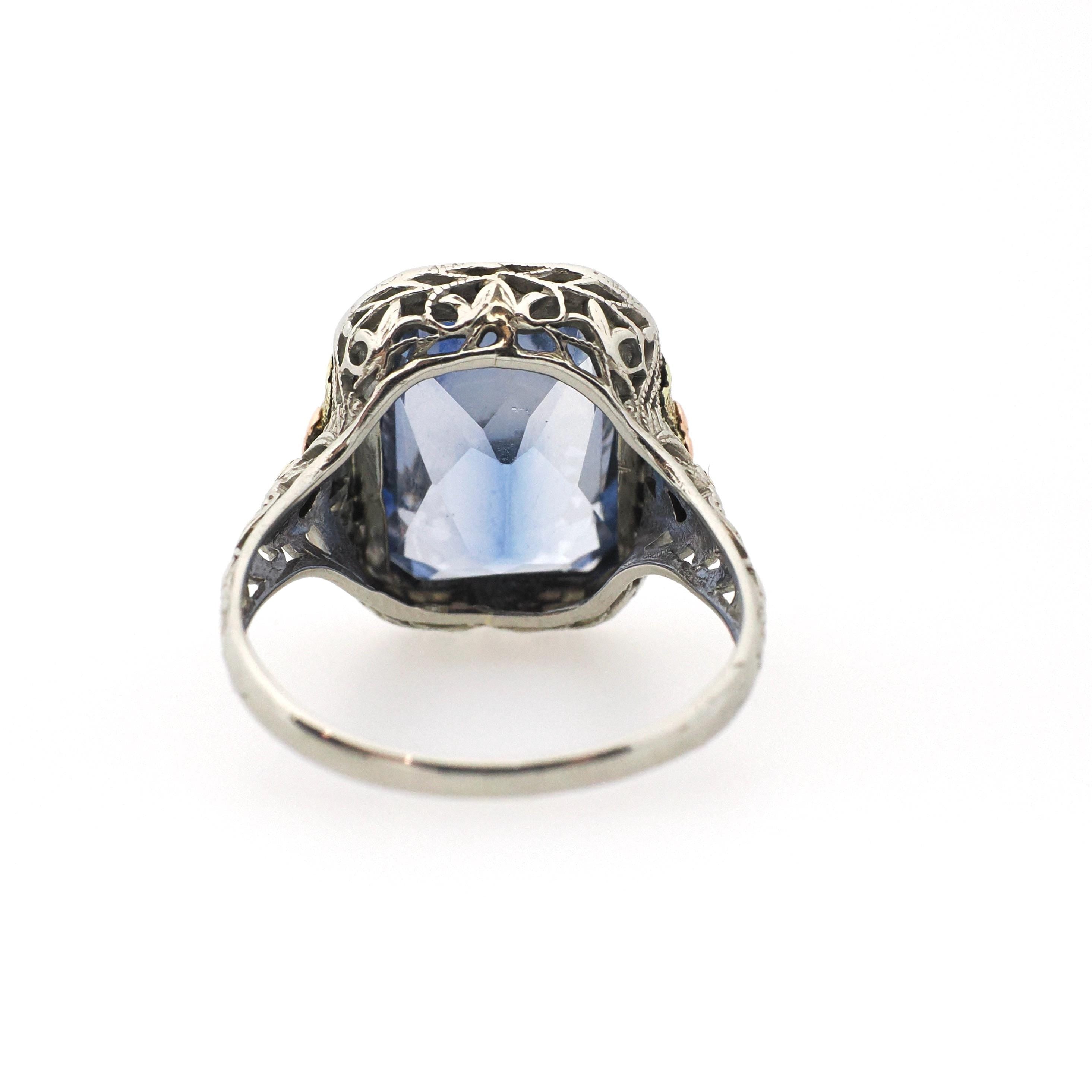 Created Blue Sapphire Ring - Art Deco 14k White Yellow Rose Gold Filigree - Circa 1930s Size 6 1/2 Floral Fine September Birthstone Jewelry