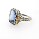 Created Blue Sapphire Ring - Art Deco 14k White Yellow Rose Gold Filigree - Circa 1930s Size 6 1/2 Floral Fine September Birthstone Jewelry