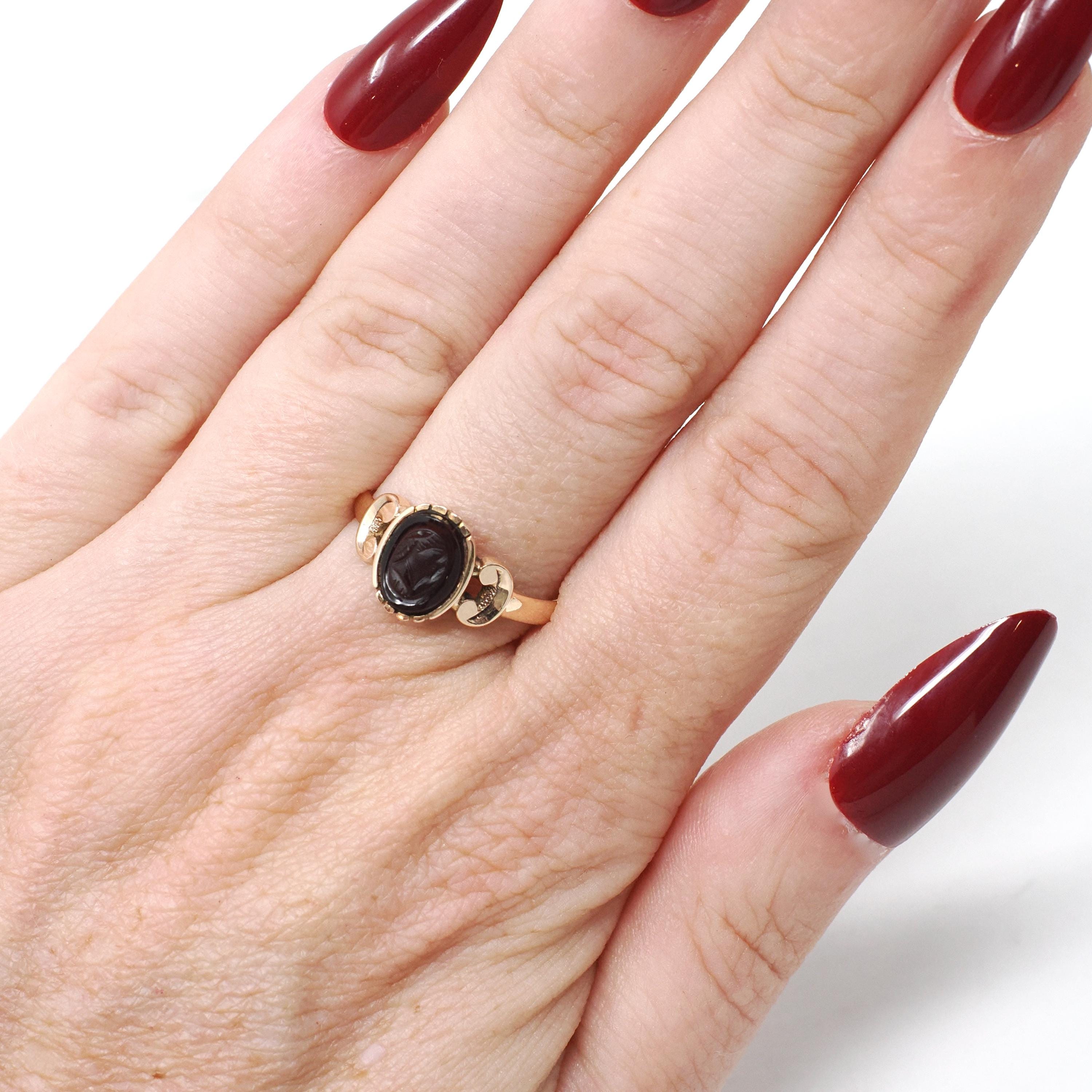 Victorian Cameo Ring - Antique 10k Rosy Yellow Gold Natural Dark Red Carved Oval Gemstone - Circa 1890s Era Size 7 Fine Statement Jewelry