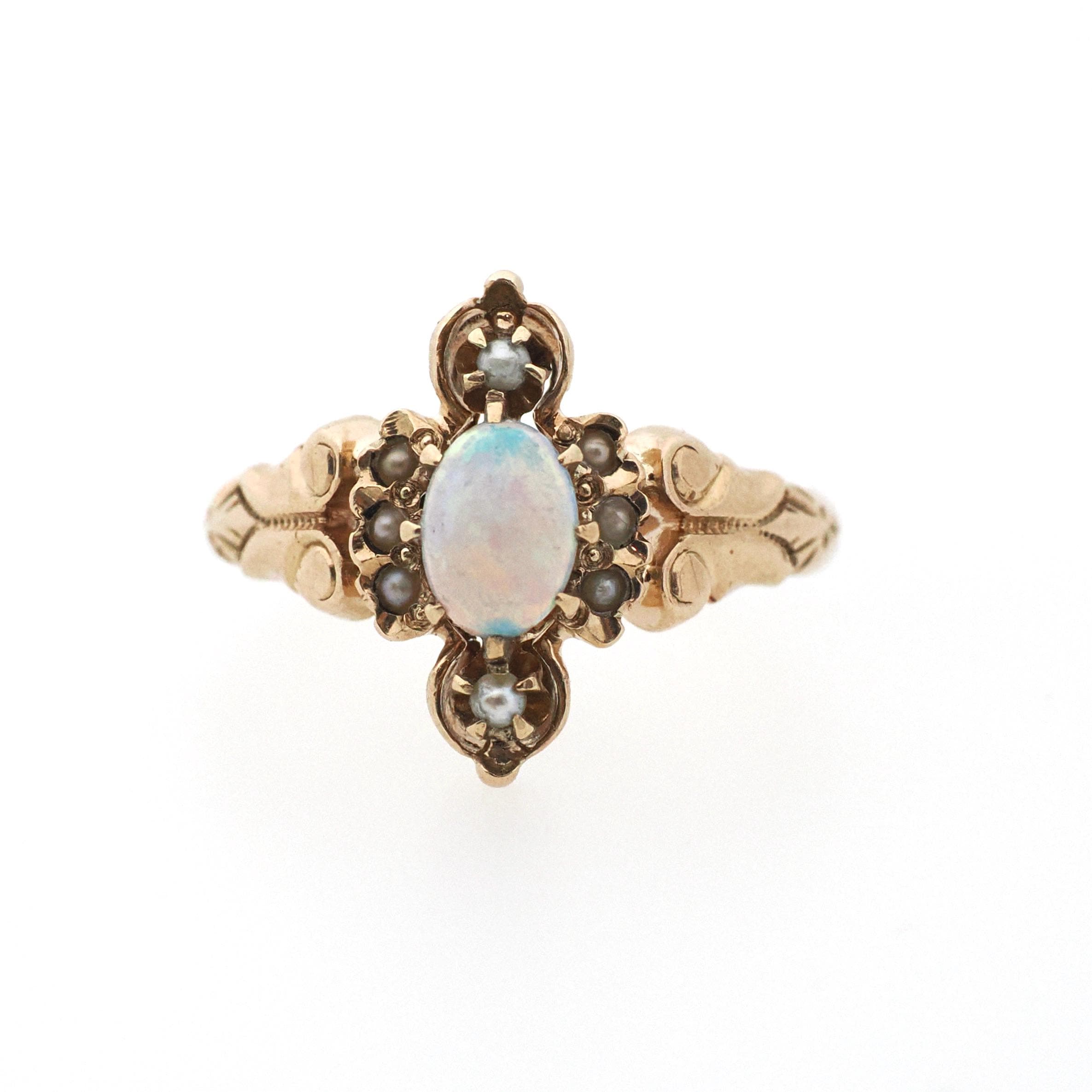 Antique Opal Ring - Victorian 10k Rose Gold Cabochon Cut .31 CT Gem - Circa 1890s Size 6 3/4 Seed Pearl Accent Fine Dainty Statement Jewelry