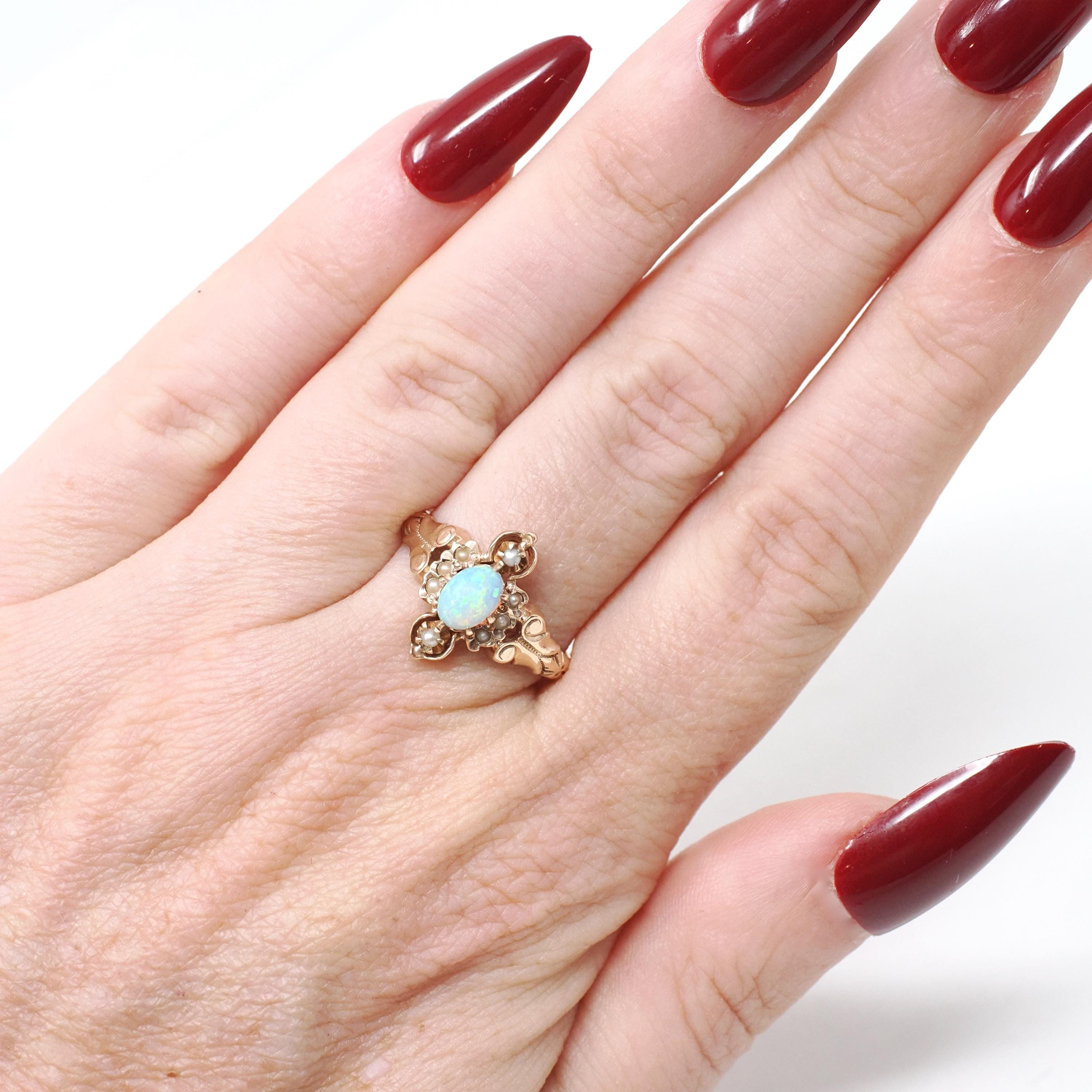 Antique Opal Ring - Victorian 10k Rose Gold Cabochon Cut .31 CT Gem - Circa 1890s Size 6 3/4 Seed Pearl Accent Fine Dainty Statement Jewelry
