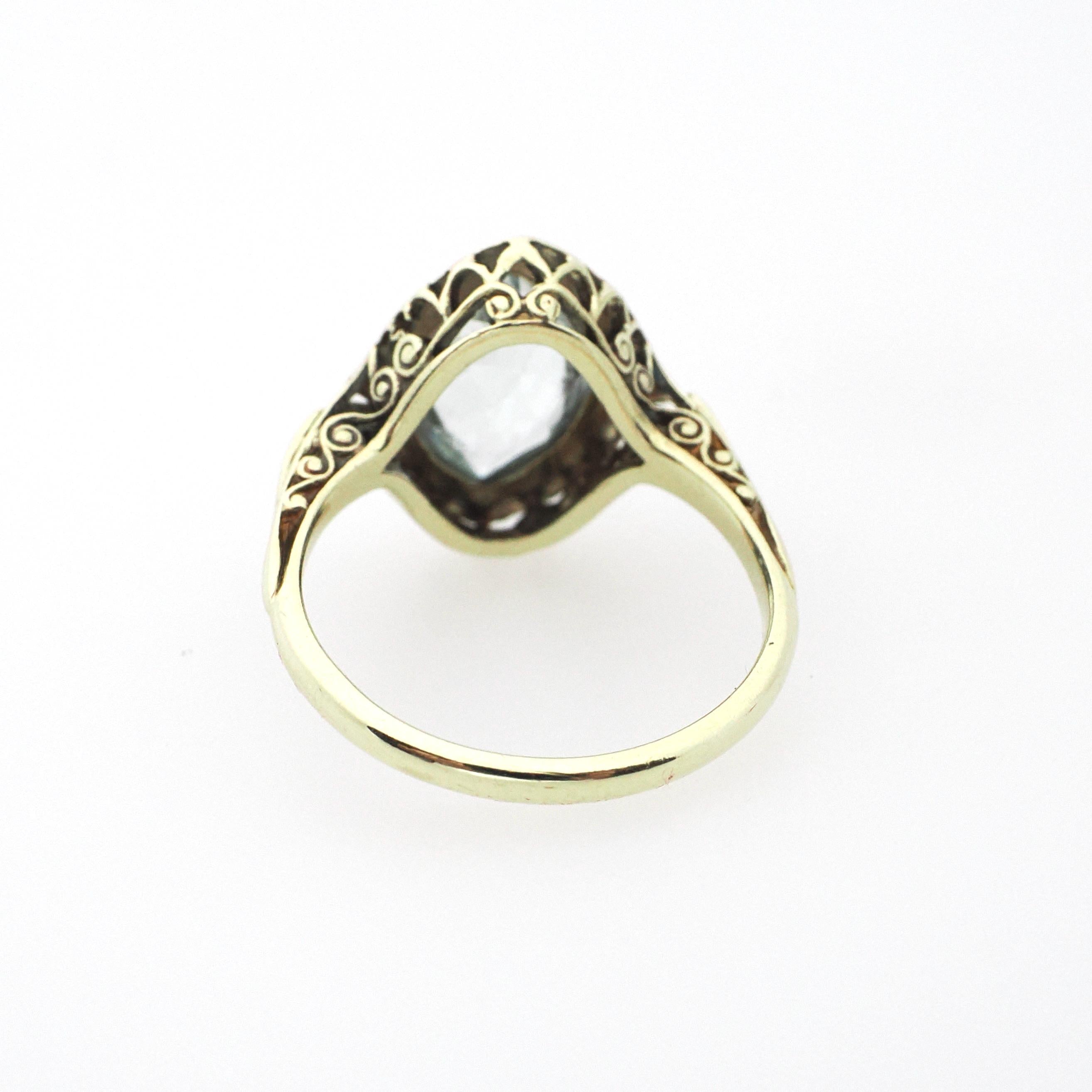 Vintage Aquamarine Ring - Art Deco 14k Yellow Gold Natural Light Blue Marquise Gemstone - Circa 1930s Era Size 5 1/4 Filigree Fine Jewelry