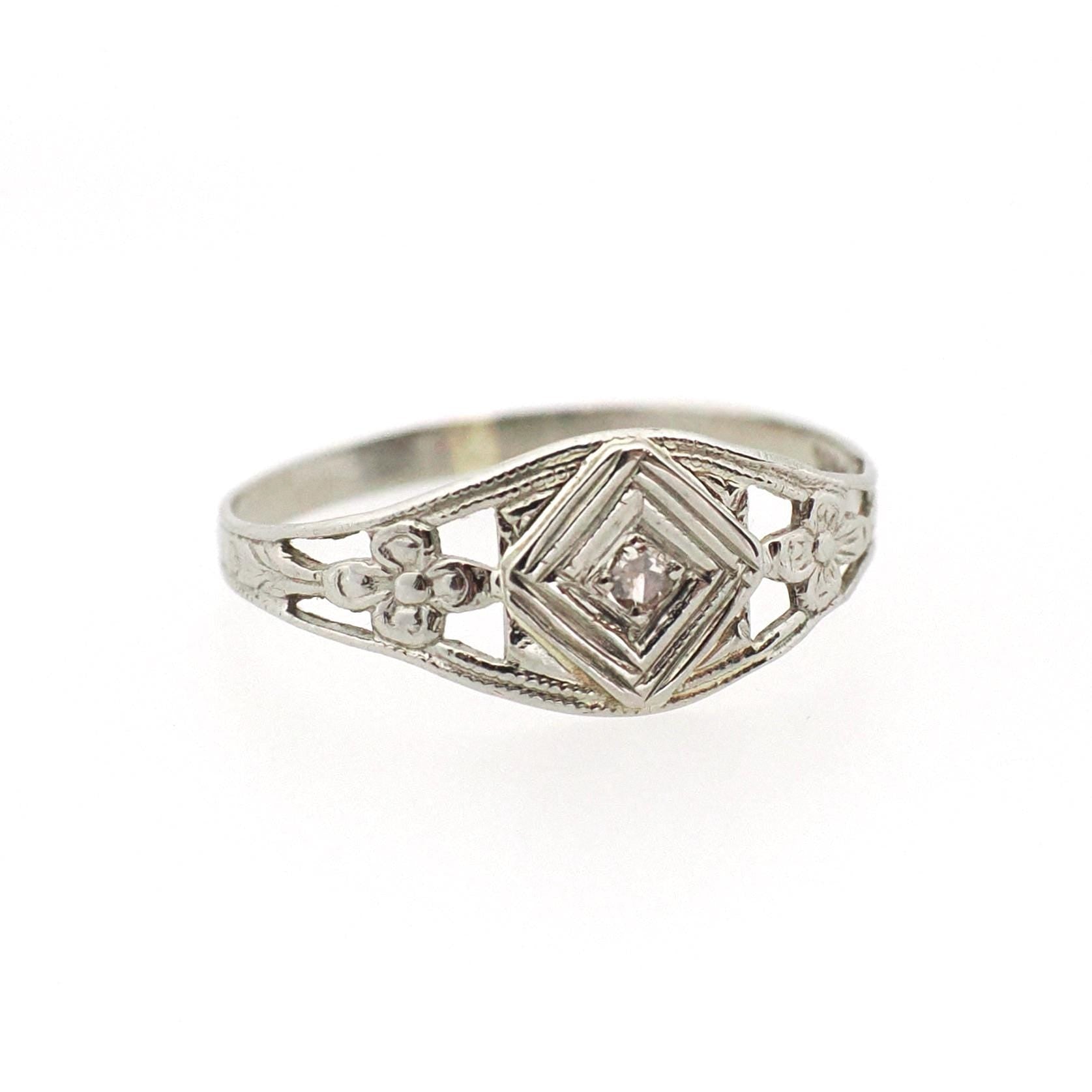 Vintage Baby Ring - Art Deco 14k White Gold Natural Diamond Flower Filigree Pinky Midi Band - Circa 1930s Era Size 2 Dainty Fine Jewelry