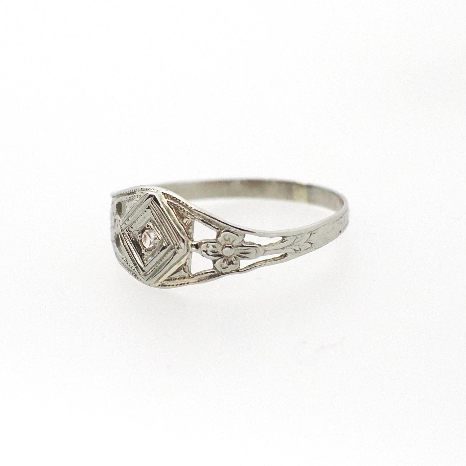 Vintage Baby Ring - Art Deco 14k White Gold Natural Diamond Flower Filigree Pinky Midi Band - Circa 1930s Era Size 2 Dainty Fine Jewelry