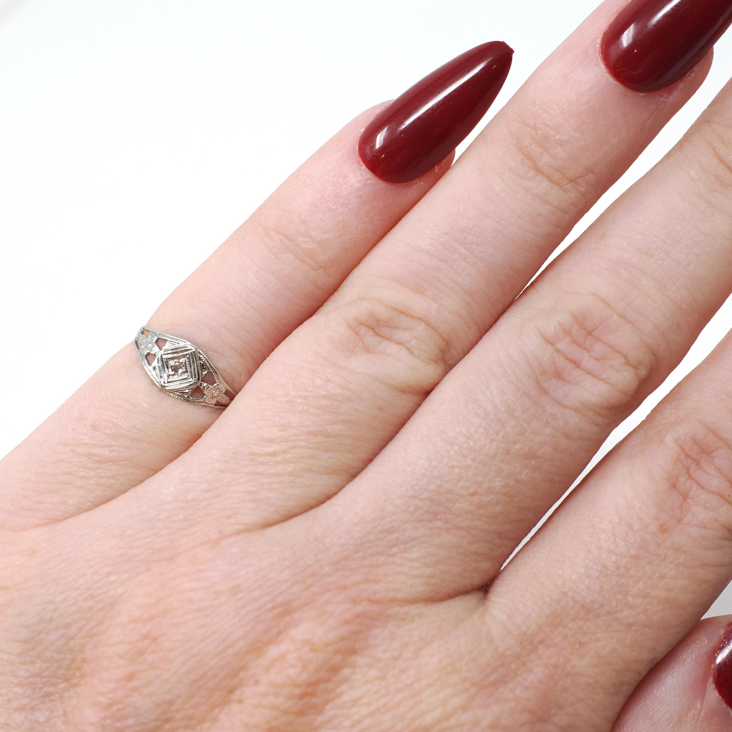 Vintage Baby Ring - Art Deco 14k White Gold Natural Diamond Flower Filigree Pinky Midi Band - Circa 1930s Era Size 2 Dainty Fine Jewelry