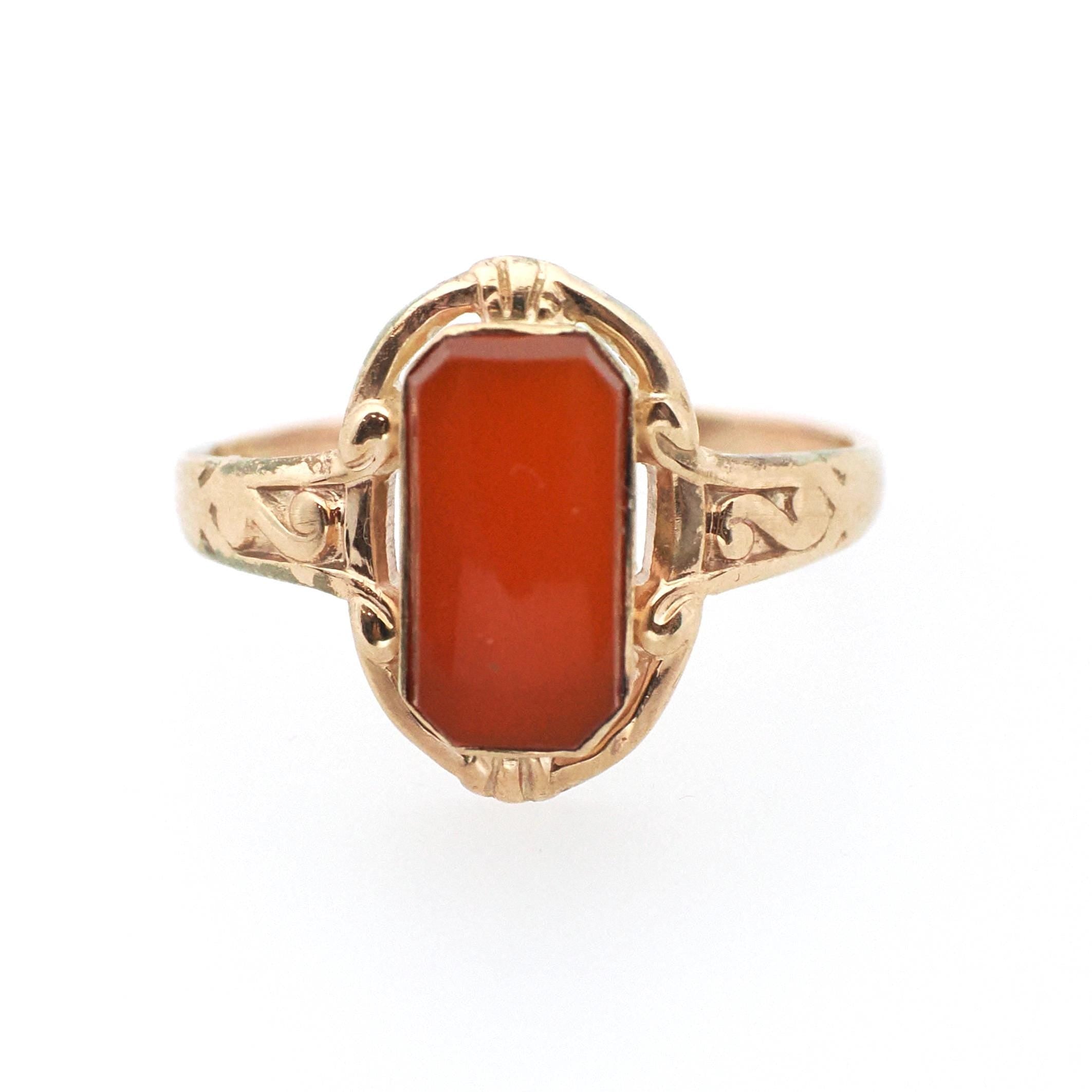 Victorian Carnelian Ring - Antique 10k Rosy Yellow Gold Natural Red Gemstone Shield - Circa 1880s Era Size 5 3/4 Fine Statement Jewelry