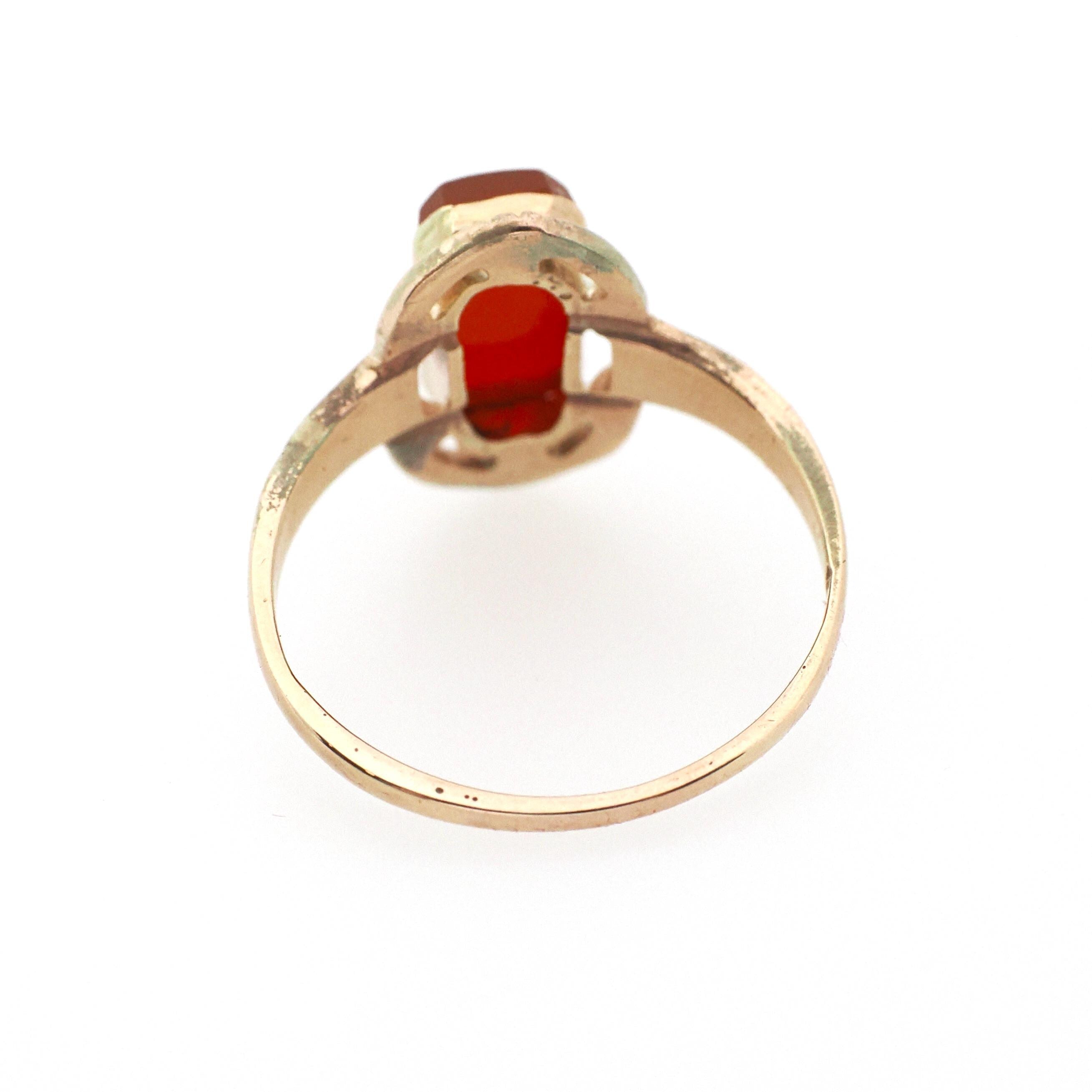 Victorian Carnelian Ring - Antique 10k Rosy Yellow Gold Natural Red Gemstone Shield - Circa 1880s Era Size 5 3/4 Fine Statement Jewelry