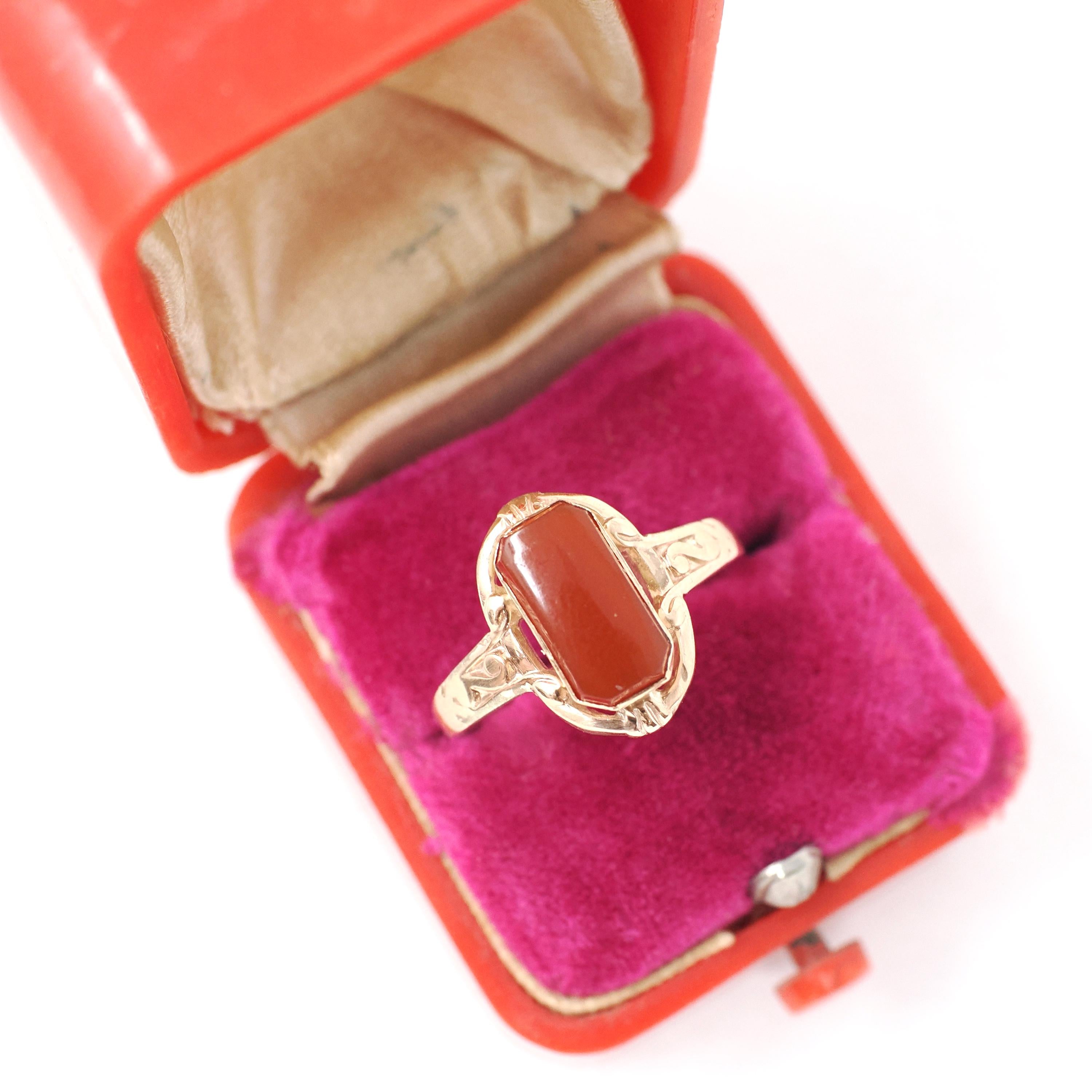Victorian Carnelian Ring - Antique 10k Rosy Yellow Gold Natural Red Gemstone Shield - Circa 1880s Era Size 5 3/4 Fine Statement Jewelry