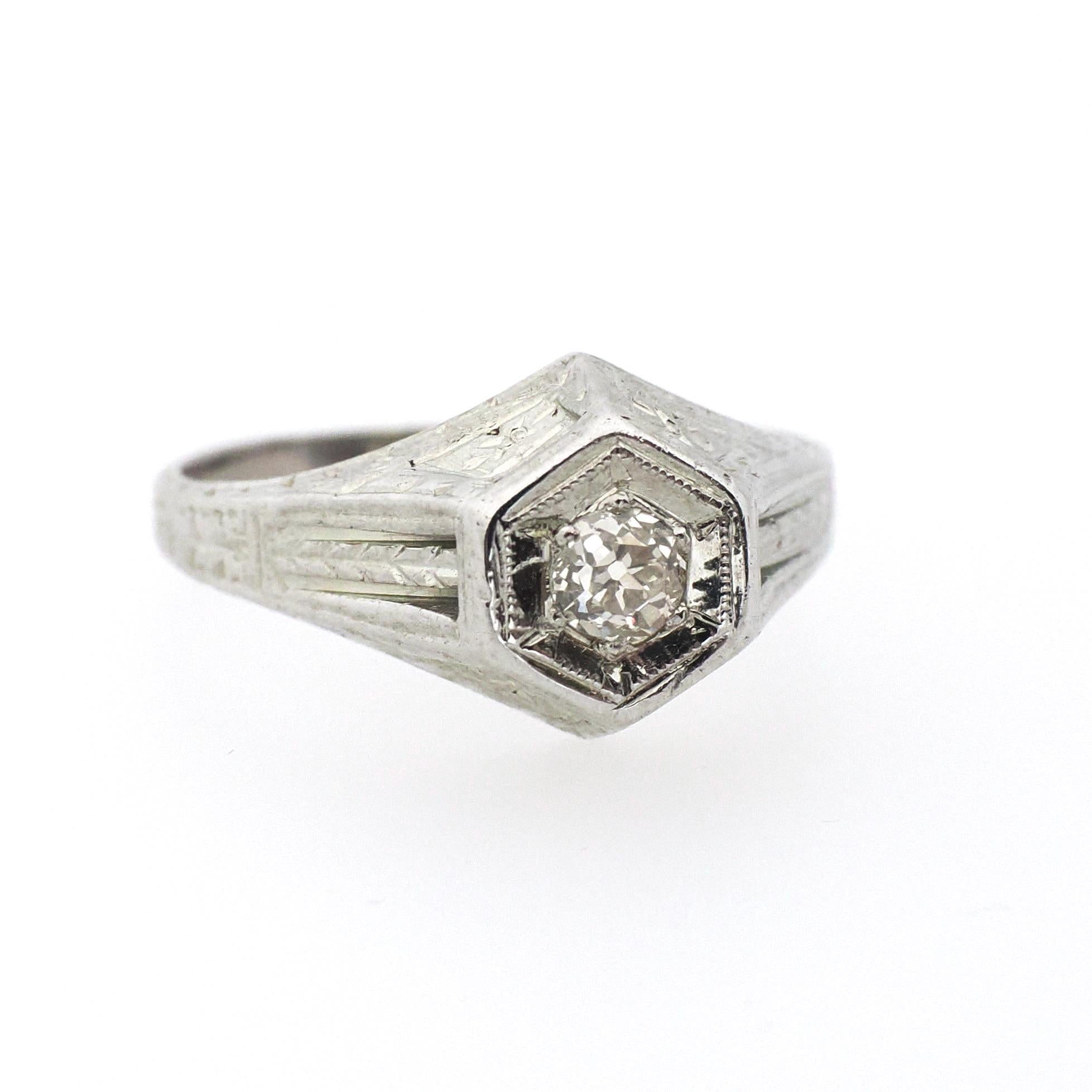 Antique Diamond Ring - Art Deco 18k White Gold Natural .15 CT Old European Hexagonal Engagement - Circa 1920s Size 5 1/2 Belais Fine Jewelry