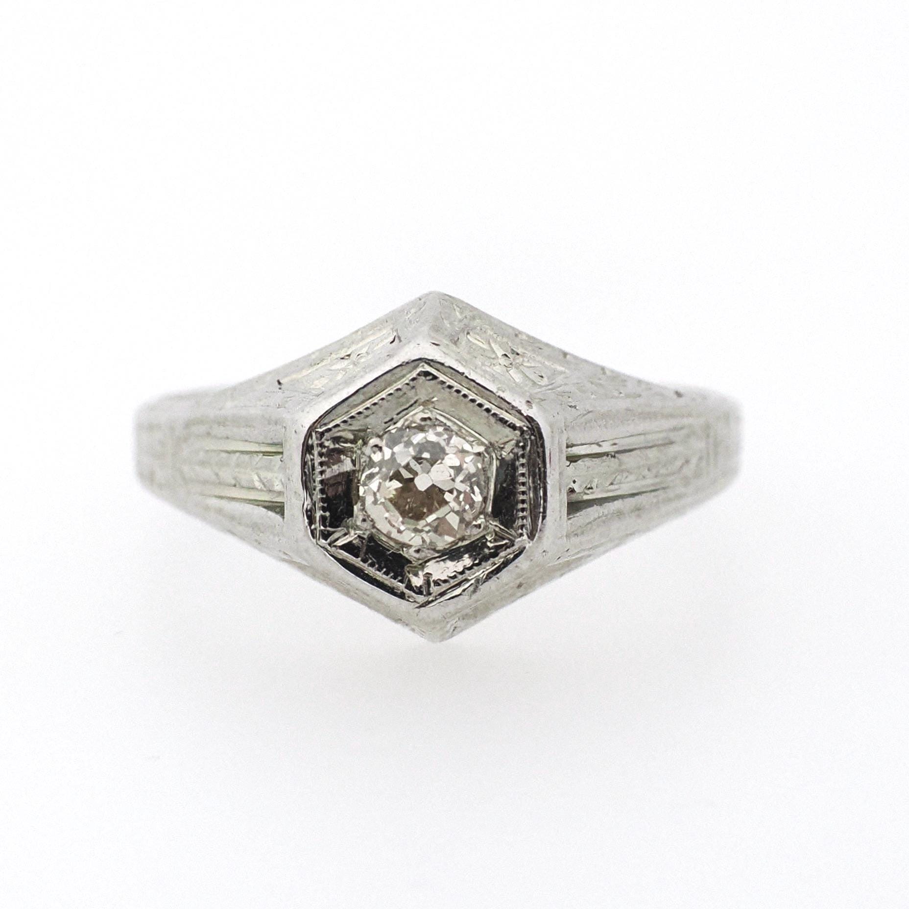 Antique Diamond Ring - Art Deco 18k White Gold Natural .15 CT Old European Hexagonal Engagement - Circa 1920s Size 5 1/2 Belais Fine Jewelry