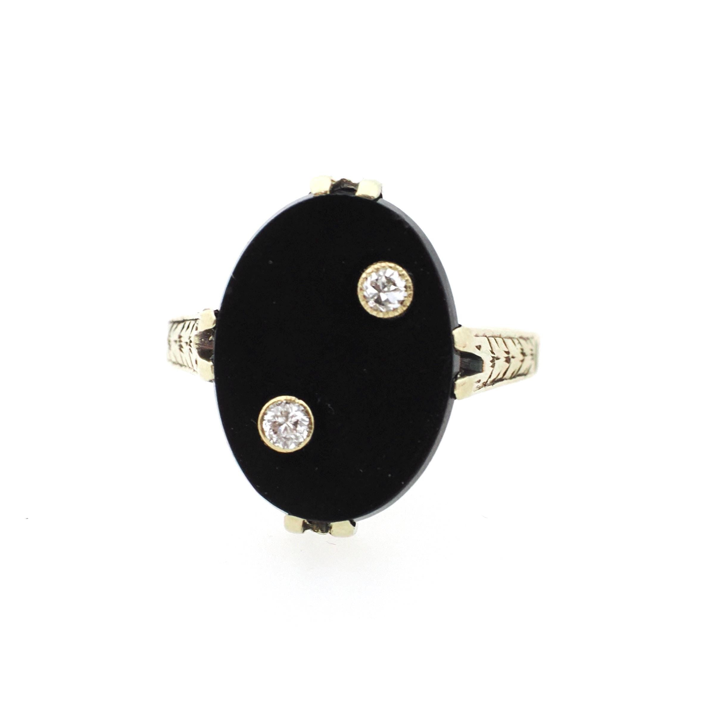 Onyx & Diamond Ring - Art Deco 14k Yellow Gold Oval Black Gemstone Signet - Circa 1930s Era Size 8 Fine Wheat Engraved Statement Jewelry