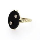 Onyx & Diamond Ring - Art Deco 14k Yellow Gold Oval Black Gemstone Signet - Circa 1930s Era Size 8 Fine Wheat Engraved Statement Jewelry