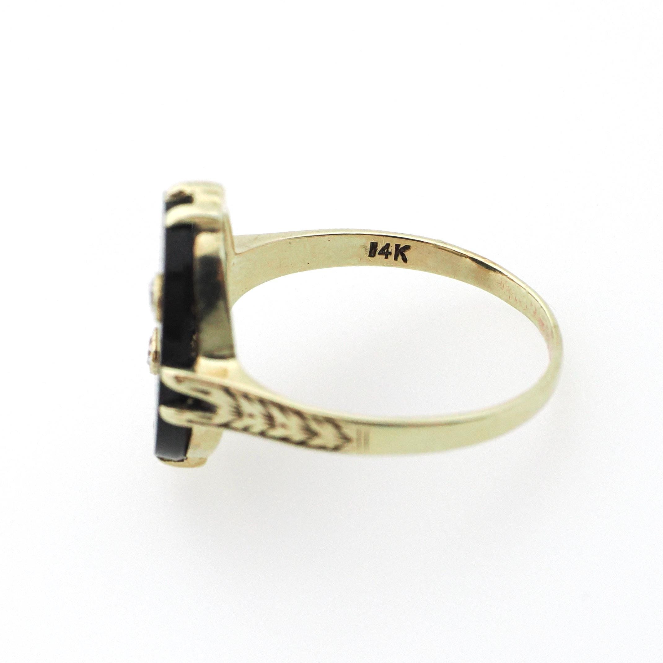 Onyx & Diamond Ring - Art Deco 14k Yellow Gold Oval Black Gemstone Signet - Circa 1930s Era Size 8 Fine Wheat Engraved Statement Jewelry