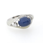 Created Star Sapphire Ring - Vintage 14k White Gold Cabochon & .04 CTW Natural Diamonds - Circa 1970s Era Size 5 3/4 Bypass Fine Jewelry