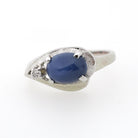 Created Star Sapphire Ring - Vintage 14k White Gold Cabochon & .04 CTW Natural Diamonds - Circa 1970s Era Size 5 3/4 Bypass Fine Jewelry