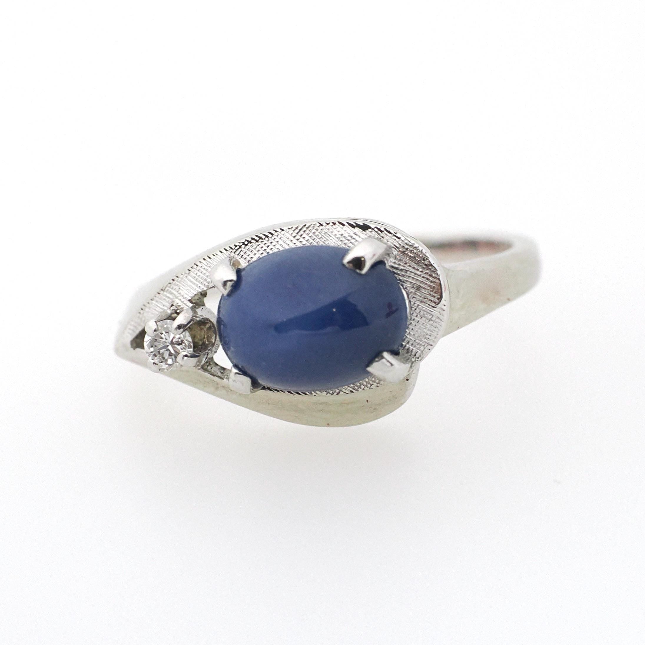 Created Star Sapphire Ring - Vintage 14k White Gold Cabochon & .04 CTW Natural Diamonds - Circa 1970s Era Size 5 3/4 Bypass Fine Jewelry
