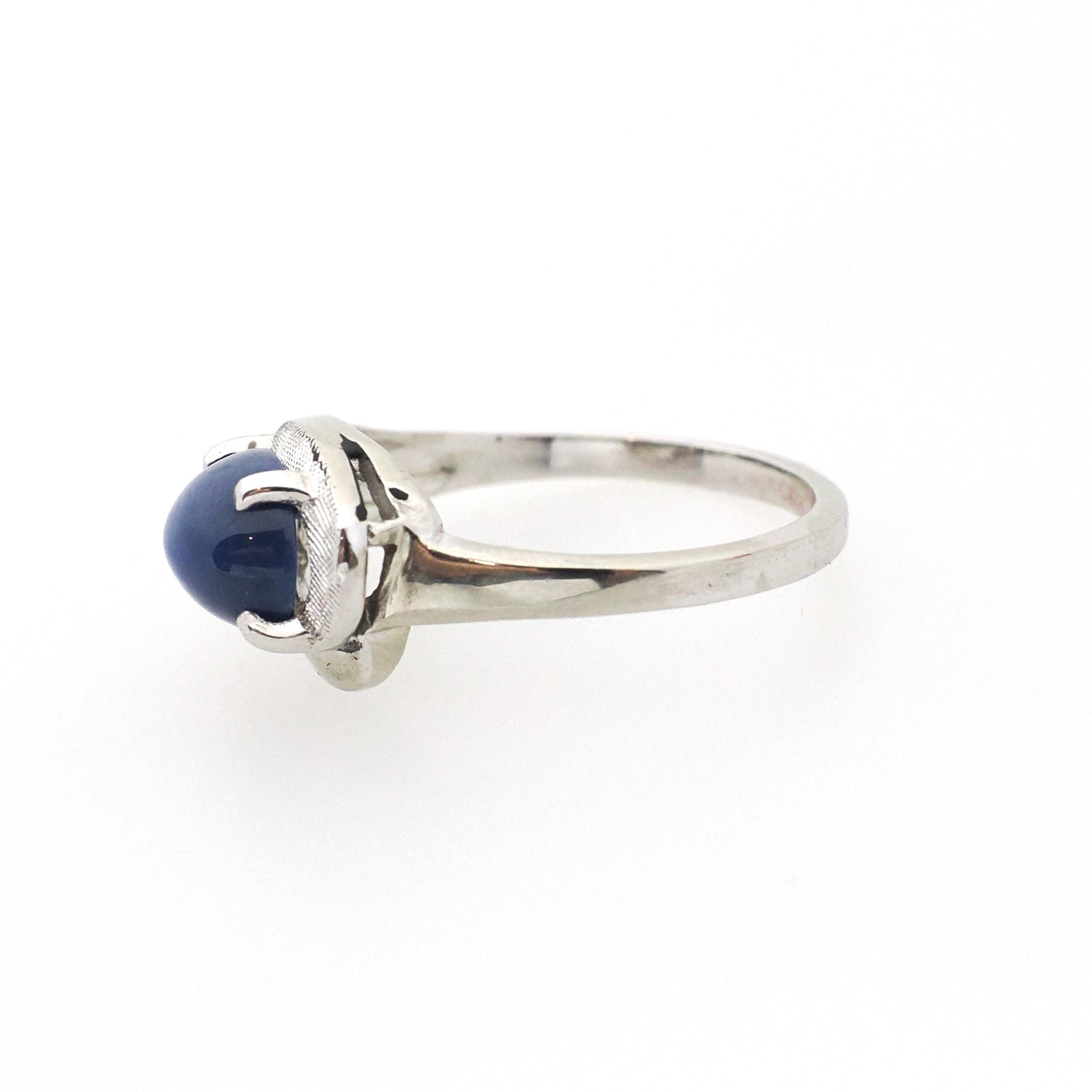 Created Star Sapphire Ring - Vintage 14k White Gold Cabochon & .04 CTW Natural Diamonds - Circa 1970s Era Size 5 3/4 Bypass Fine Jewelry